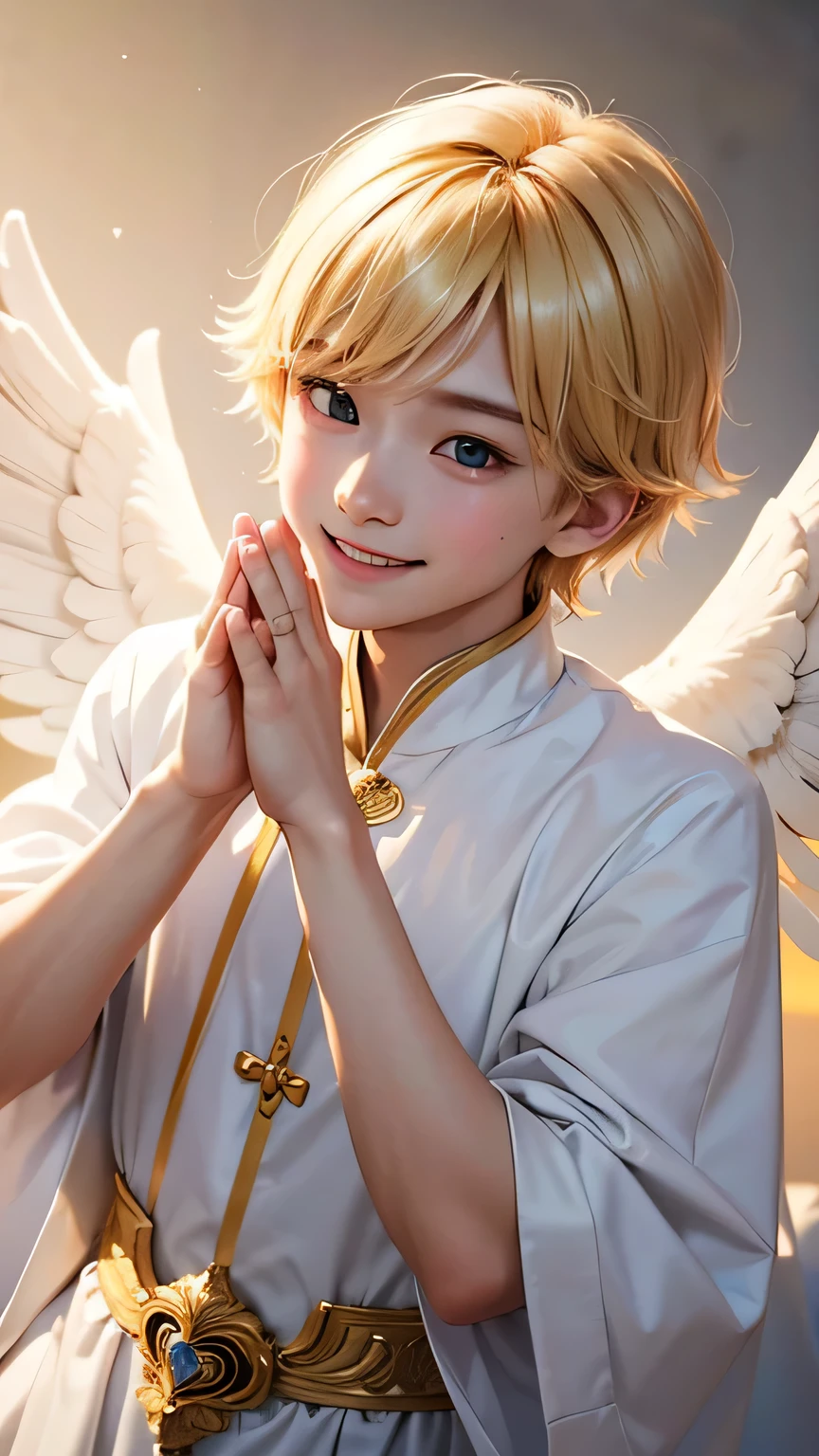 A boy angel who serves the Sun Goddess。 Make a big heart with your hands、He puts his face in it and smiles.。A pose that makes you feel like the king of love。Blonde。Wearing clothes that don't reveal any skin。The location is a sanctuary bathed in sunlight.。A sacred place bathed in soft, bright light