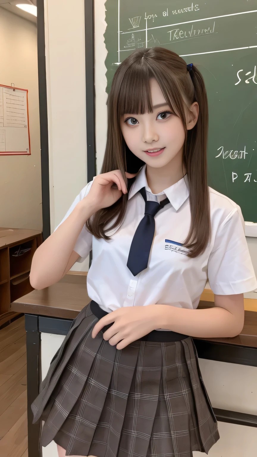 Tabletop, highest quality, (beautiful girl:1.3), (:1.2), Very fine grain definition, (Symmetrical eyes:1.3), ((Browsing Caution)), (school uniform, Cute Skirt:1.3), Beautiful breasts, Brown eyes, Parted bangs, Brown Hair, Upper teeth,Twin tail hairstyle,2 girls,