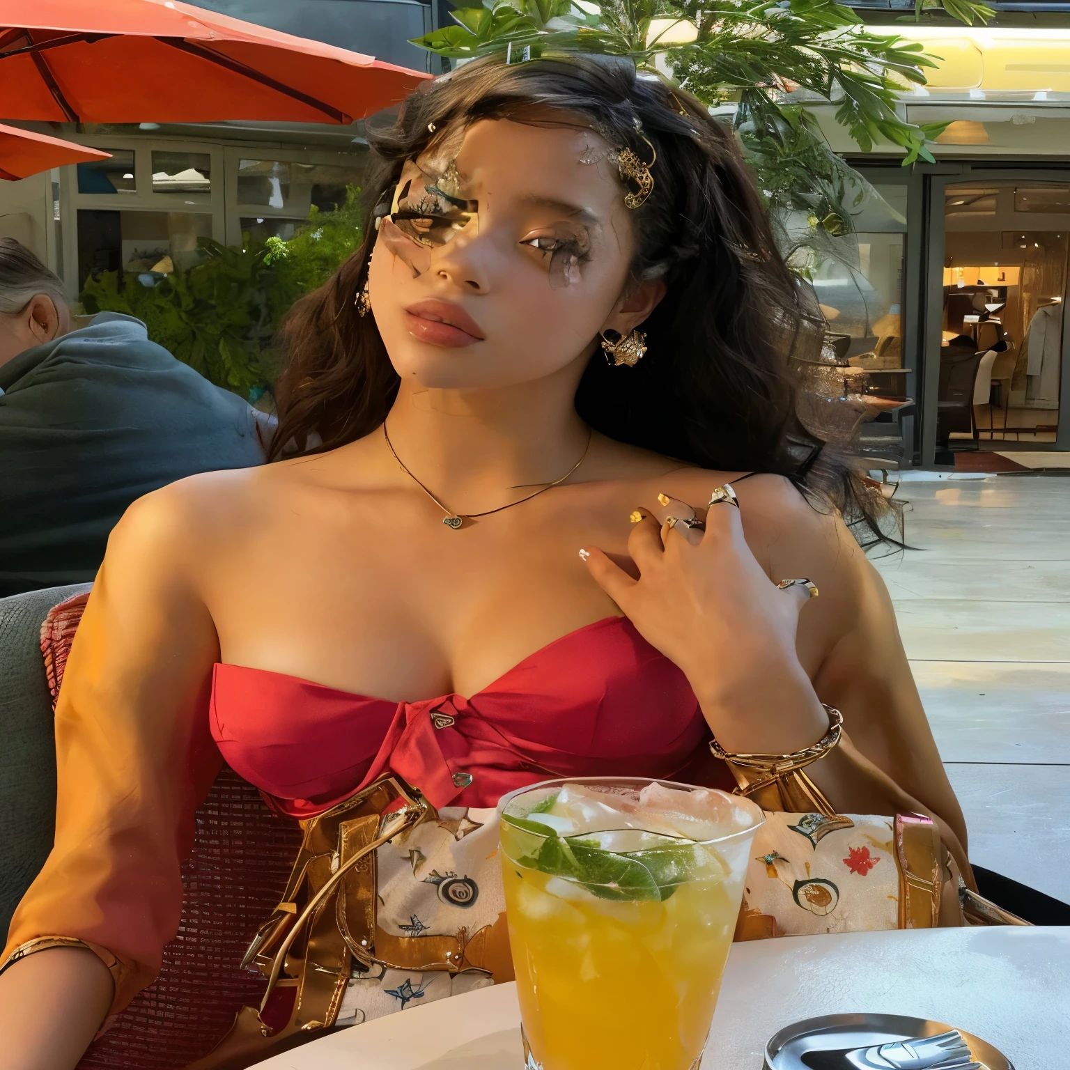 there is a woman sitting at a table with a drink, Retrato de Sophie Mudd, Senhora deslumbrante, Tessa Thompson inspired, quanto, Nathalie Emmanuel, linda mulher, linda mulher, taken at the beginning of 2020, Tessa Thompson, beautiful aesthetic, arte mista, Pele claraned african young girl, mulher fofa, Pele clara, Beautiful lady, vanessa morgan