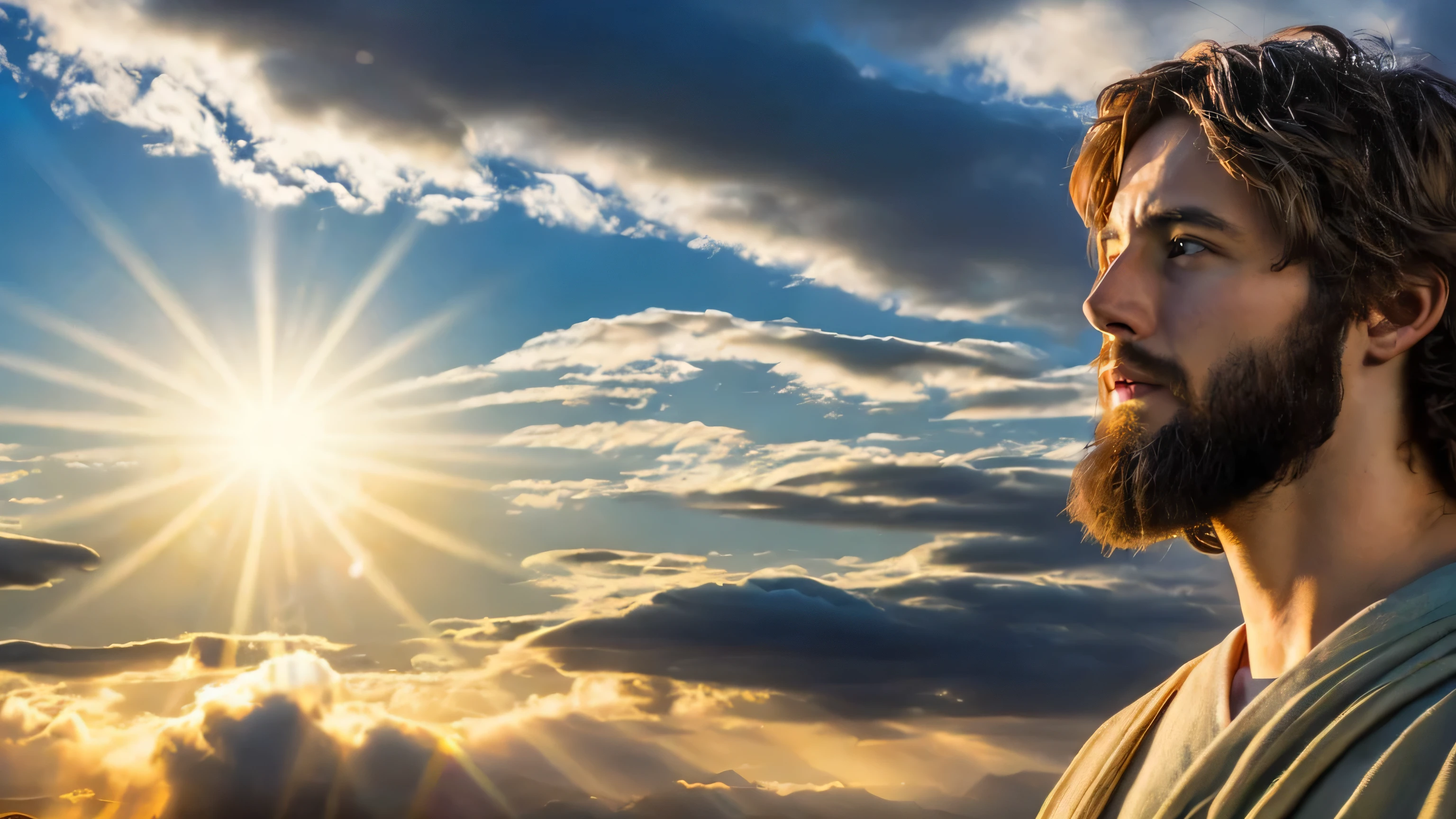 (((1st century))、(((Ancient Israel)))、(((Short-haired Jesus Christ)))、(((Very short hair)))、(((Gazing into the distance)))、(((Glide through fantastic clouds)))、high resolution、High resolution、Fantastic Background、In 8K、Live Shooting、highest quality、masterpiece:1.5、Ultra-lightweight and high resolution、Photorealistic:1.5、Cinematic Light、Soft Volumetric Lighting:1.5、Real、Photorealistic:1、Detailed skin、Professional Lighting、photograph、Sharp Focus、detailed、Professional Lighting、Photon Mapping、Detailed and complex environment、Very detailed、highest quality、Fine art photography、Photorealistic concept art、Soft Natural Volumetric Cinematic Perfect Light、Mid Journey、Detailed hand、