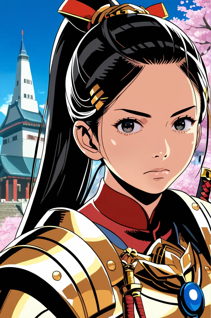 score_9,source_anime,(Masterpiece, best quality, highres, detailed:1.5), (realistic:1.2), detailed face, beautiful face,1girl,standing,black hair,beautiful_detailed_eyes,long hair,ponytail,close up, hair ornament,looking at viewer,wearing samurai armor,jewelry,frown,serious,Japanese castle,holding katana,