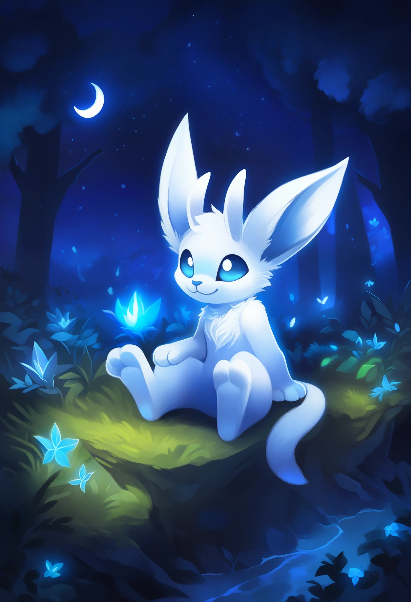 ori and the blind forest, Ori, furry boy, dark blue sclera, white pupils, white body fur, big animal ears, blue nose, :3, detailed body fur, detailed face, detailed eyes, full body, feets with three toes, 3 toes, night sky, forest, sit on rock, field, glowing body, solo,