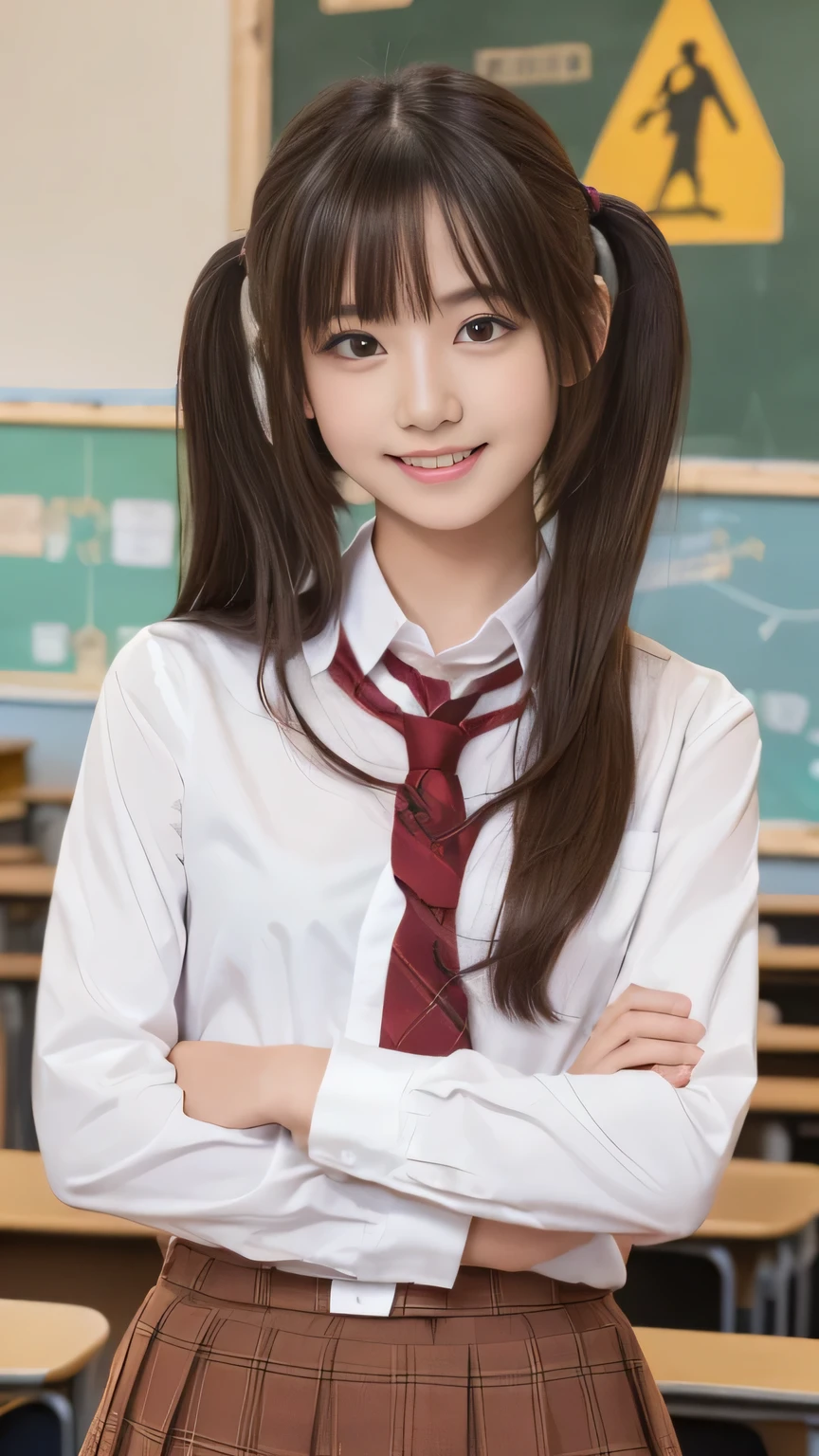 Tabletop, highest quality,  (beautiful girl:1.3), (16 years old:1.2), Very fine grain definition, (Symmetrical eyes:1.3), ((Browsing Caution)), (school uniform,  Cute Skirt:1.3), Beautiful breasts, Brown eyes, Parted bangs, Brown Hair, Upper teeth,Twin tail hairstyle,2 girls,
