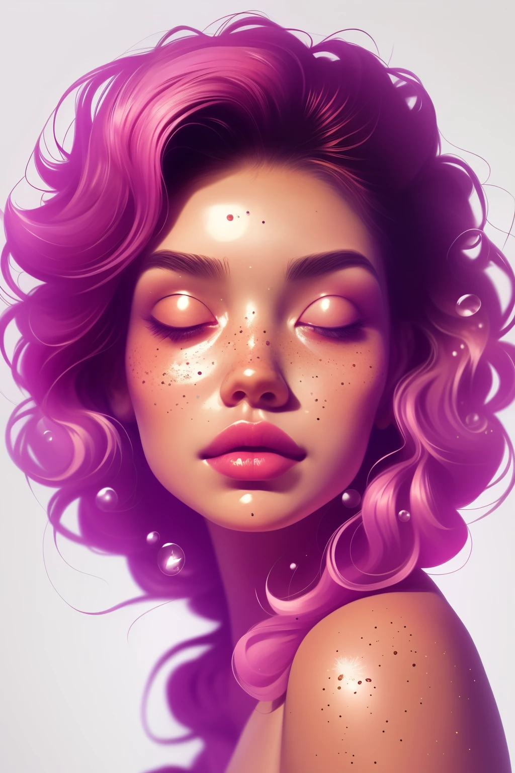 (This is a beautiful rainbow fantasy image that feels interesting and emphasizes glitter and iridescence.) Generate a ((blind)) curvy woman with colorful curly hair and milky white eyes. Her face is important and is perfectly formed with puffy lips and perfect features. (Her eyes are critically important and are (blank) and (solid white)). Her skin is important and should be soft, with softly diffused light. The image exudes ethereal beauty and soft fantasy. Include sweet and detailed birds and soft, luminous flowers in all the colors of the rainbow. The image's background is decorated in shades of pink, shimmer, glitter, and fantasy details like colored bubbles and cosmos. Utilize dynamic composition to create a compelling and action-packed image. Dramatic lighting and cinematic lighting enhance the woman's beauty and the soft colors in the artwork. (((((Perspective: head on.))))) Include fantasy, cute, colorful, colourful, interesting magic background, ((((blank eyes)))), ((((empty white eyes)))), (shirome eyes:1.3), (smirking), (perfectly rendered solid whiteeyes), ((birthmark on lip)), ((pretty lips)), beautiful background, complex background, sweet background, (((rainbow))), subtle freckles, natural freckles, soft skin, diffused skin, natural skin, gentle skin, matte skin