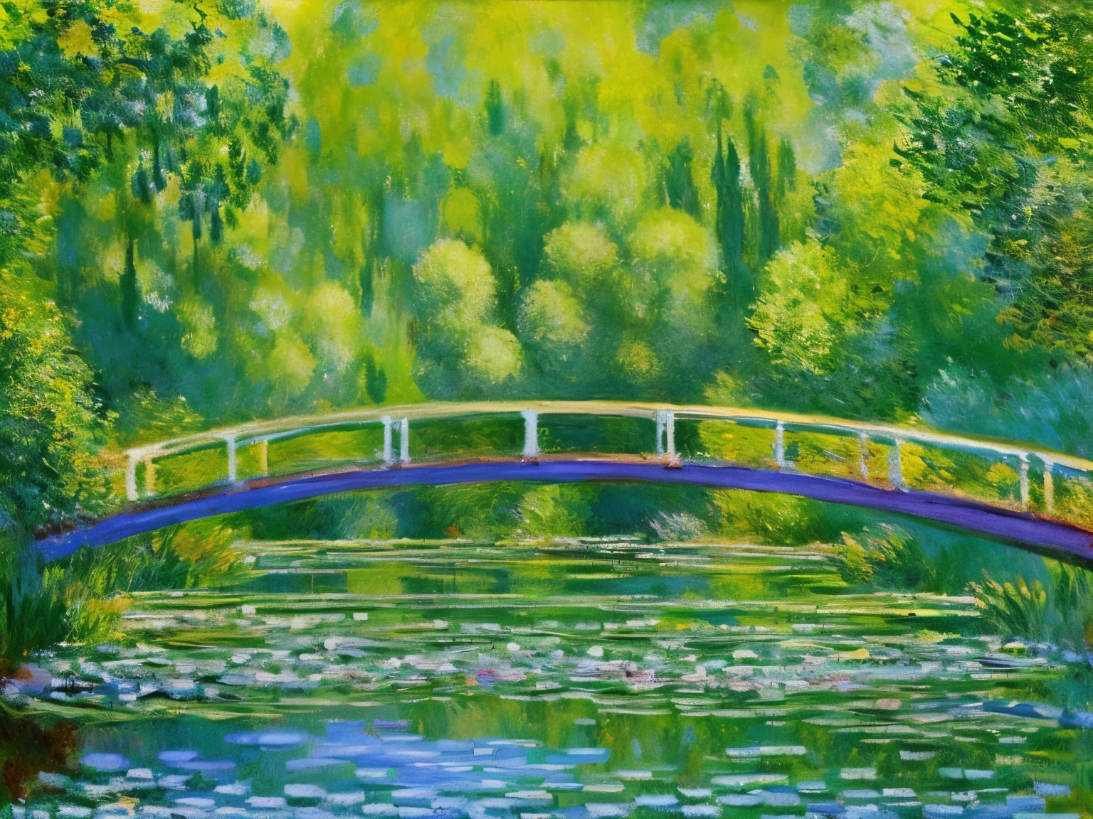 artworks that recreate the impressionist style of Claude Monet, best quality, super fine, 16k, delicate and dynamic, green grass and green bridges floating on the lake, bare canvases, randomly displayed