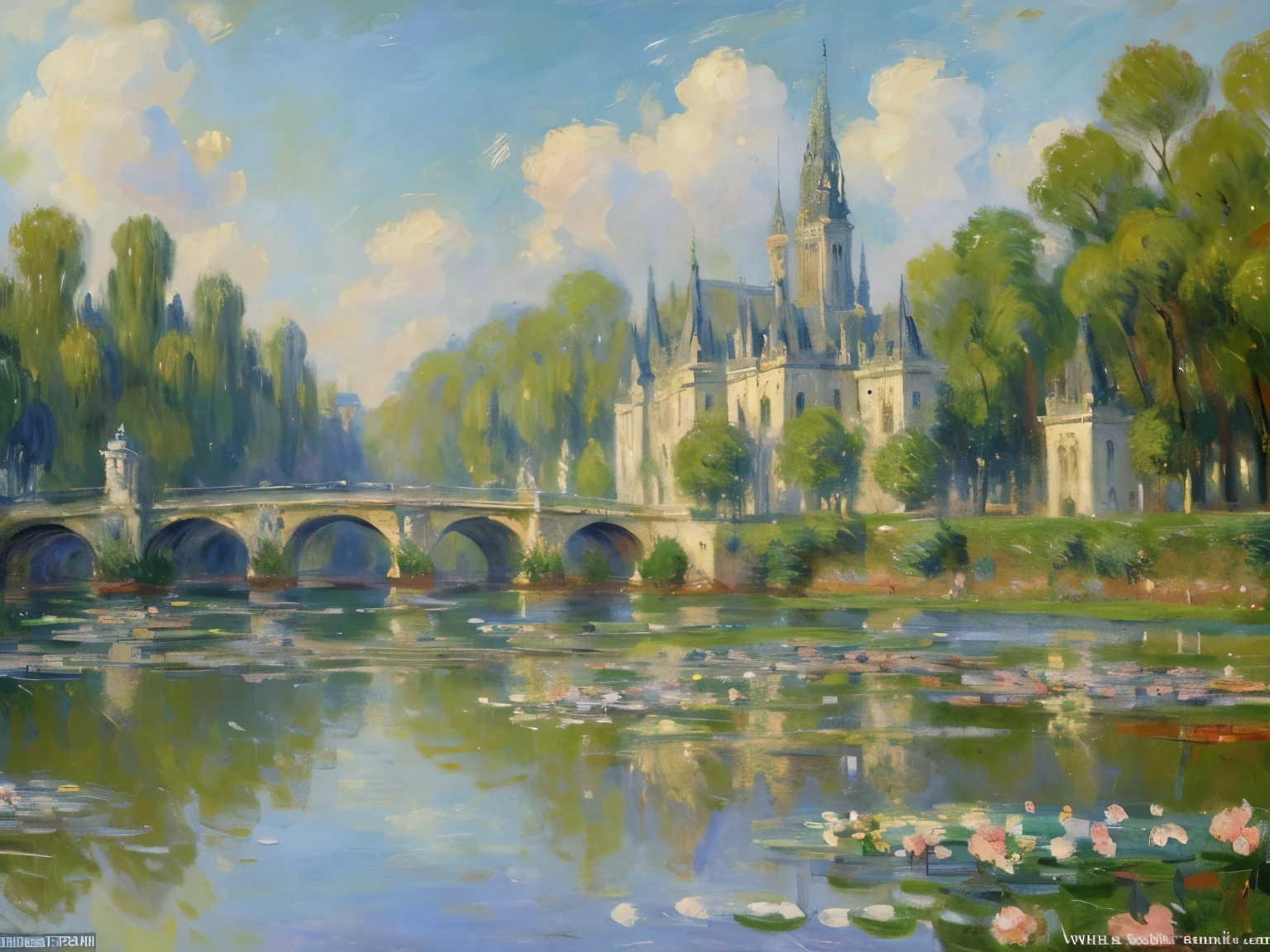 artworks that recreate the impressionist style of Claude Monet, best quality, super fine, 16k, delicate and dynamic, palaces, bare canvases, randomly displayed