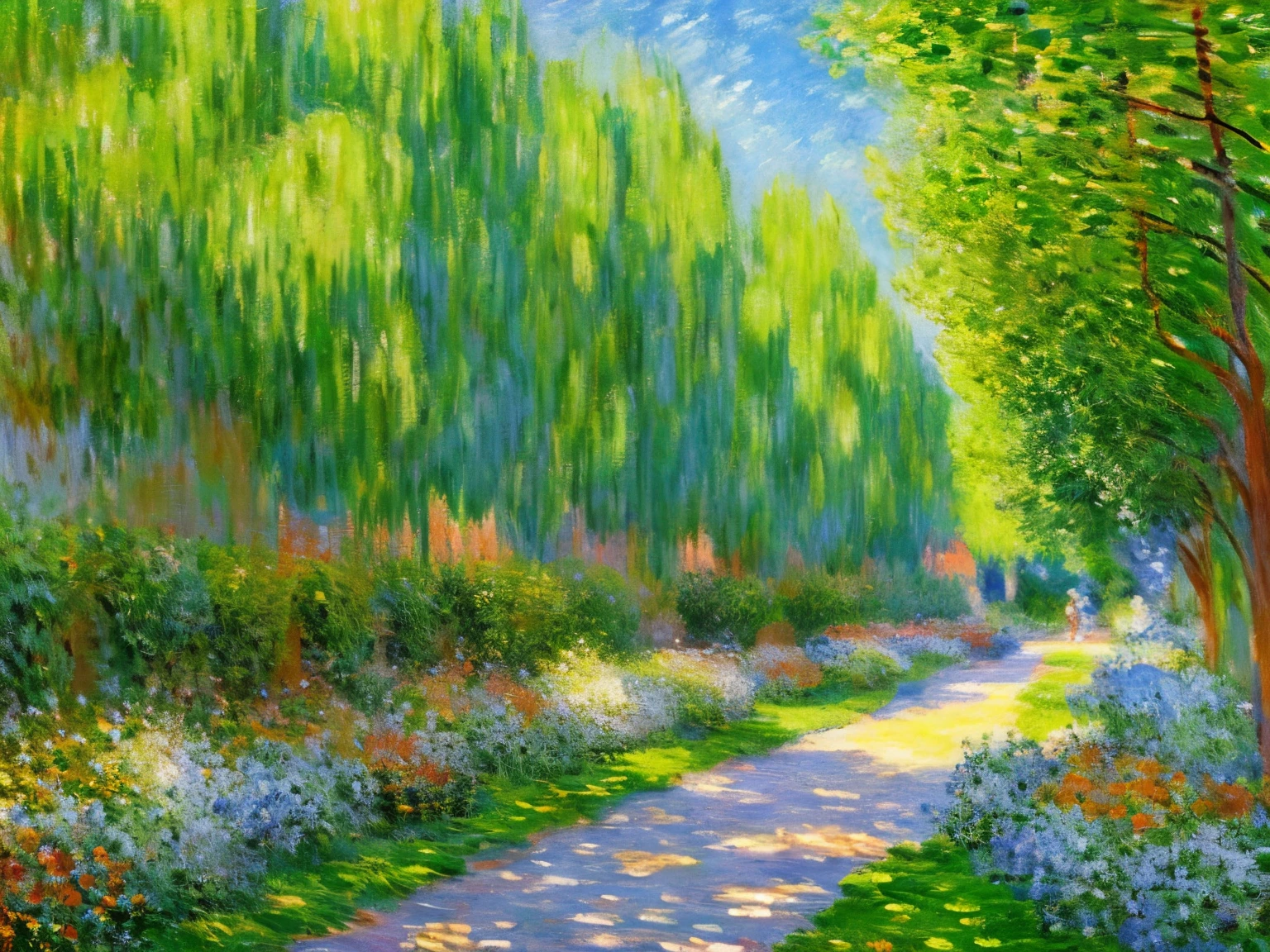 artworks that recreate the impressionist style of Claude Monet, best quality, super fine, 16k, delicate and dynamic, narrow paths lined with colorful hydrangeas, bare canvases, randomly displayed