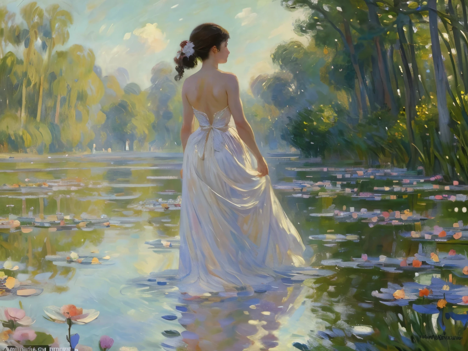 artworks that recreate the impressionist style of Claude Monet, best quality, super fine, 16k, delicate and dynamic, beautiful woman's back view, bare canvases, randomly displayed