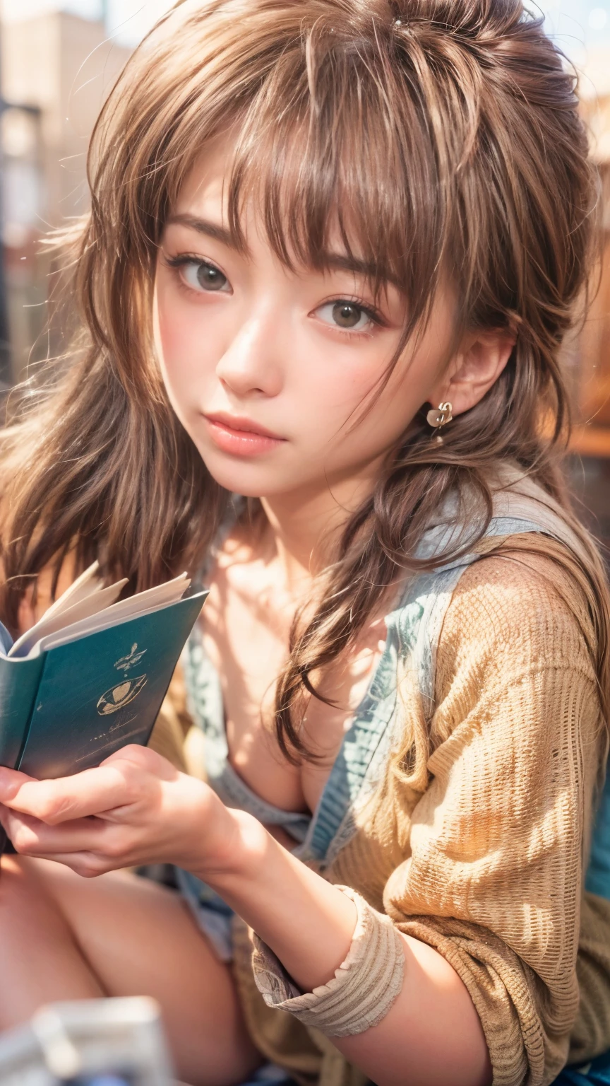 (masterpiece:1.2, highest quality), (Realistic, photoRealistic:1.4), Beautiful illustrations, (Natural Side Lighting, Cinema Lighting), Browsing Caution,
View your viewers, Face Focus, whole body, 1 girl, Japanese, Reading a bookWoman, Perfect Face, Cute and symmetrical face, Shiny skin,
(Mid-length hair:1.7, Side Ponytail:1.2, Light brown hair), Swept-apart bangs, blue eyes, Droopy eyes, Long Eyelashes, (Medium chest), thin,
Beautiful Hair, Beautiful Face, Beautiful fine details, Beautiful clavicle, Beautiful body, Beautiful , Beautiful thighs, Beautiful feet, Beautiful fingers,
((Detailed cloth texture, one piece,mini skirt)),
(Beautiful views), winter, evening, (Outdoor), , (Heart-shaped pupils, In the heat, Excited), Sitting,Reading a book,
