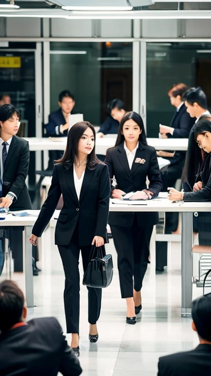 Many working women in business suits　machine　Chair　A large number of people　