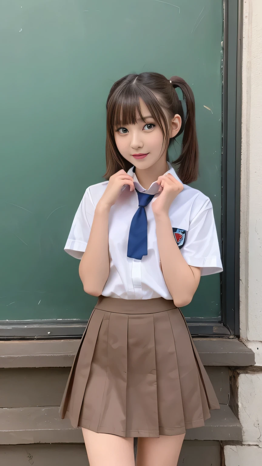 Tabletop, highest quality,  (beautiful girl:1.3), (:1.2), Very fine grain definition, (Symmetrical eyes:1.3), ((Browsing Caution)), (school uniform,  Cute Skirt:1.3), Beautiful breasts, Brown eyes, Parted bangs, Brown Hair, Upper teeth,Twin tail hairstyle,2 girls,