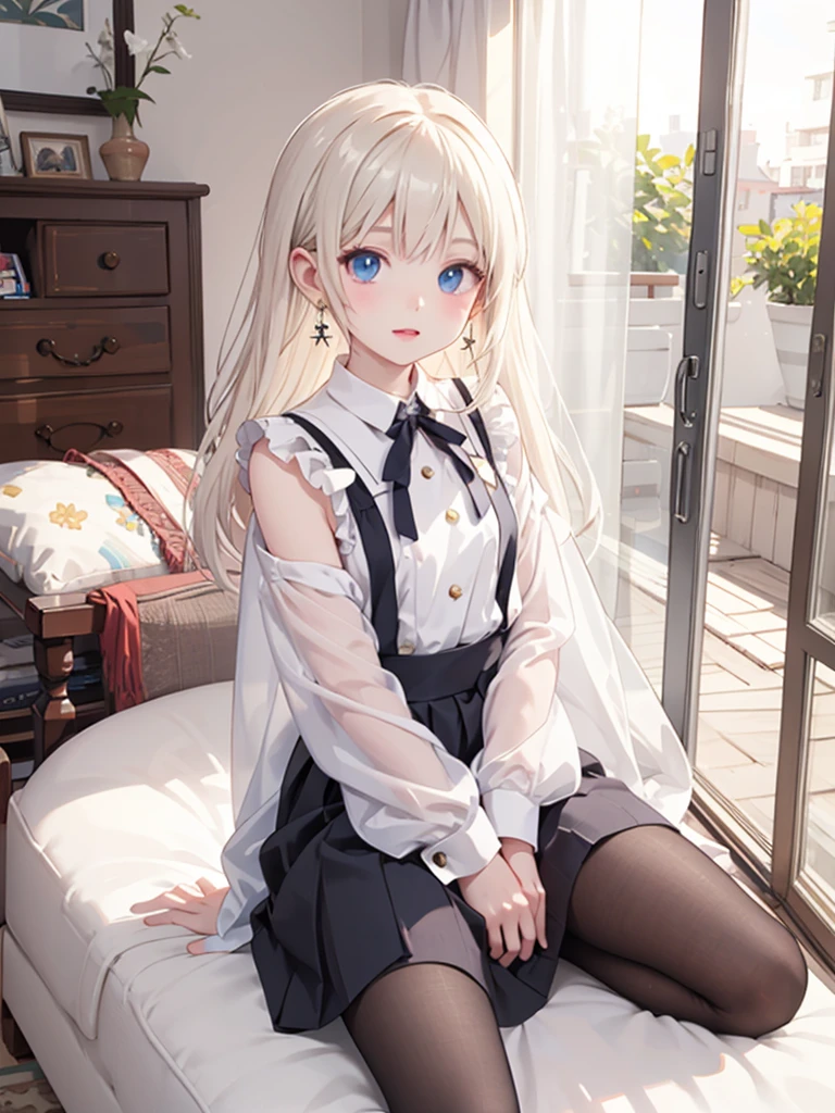 masterpiece, best quality, 1 girl, solo,4 , small breasts, Perfect Face, beautiful, nice, anime, girl, tradition, ph Bronya, , Earrings, medium length hair,  pantyhose, livingroom,