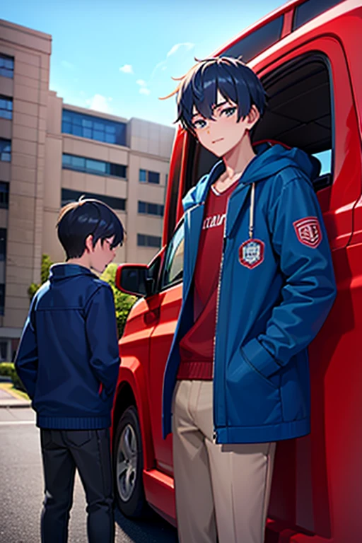 15 year old high school boy is wearing a blue jacket and behind him is a red car
