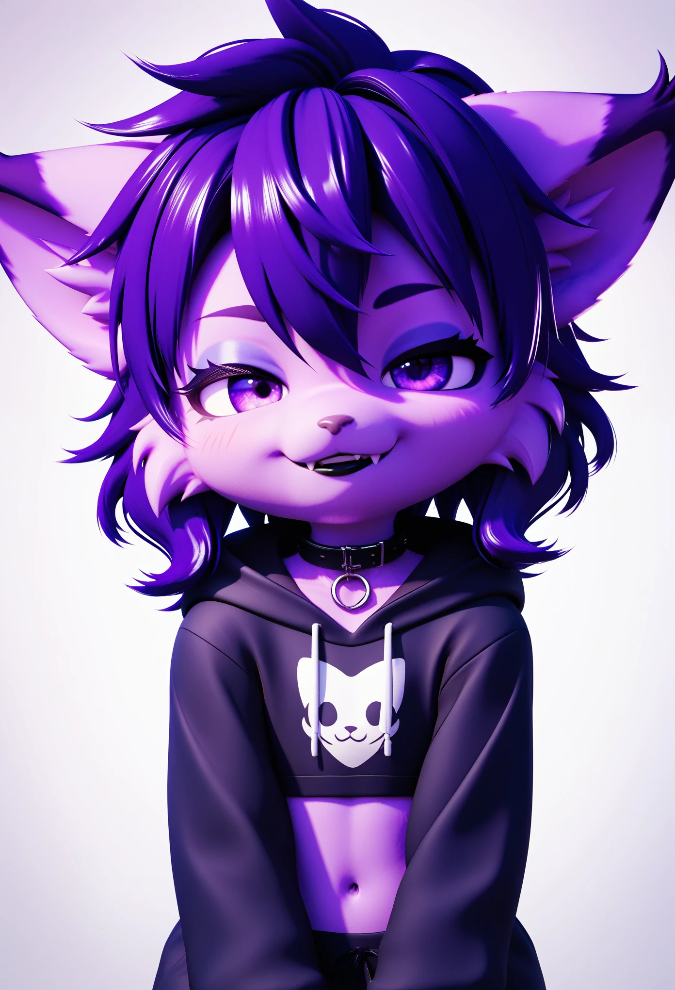 score_9,score_8_up,score_7_up, anthro lynx, furry art, medium hair, head tuft, shirtless, ((shota)), (purple fur), purple body, ((soft body)), fuzzy, one fang, medium hair, wavy hair, purple eyes, solo focus, kemono, cute, eyeliner, eyelashes, Eyeshadow, black lipstick, collar, kid, young, narrowed eyes, between legs, 3d, blender software, hoodie, smug face, fullbody, floppy ears, crop top, navel,