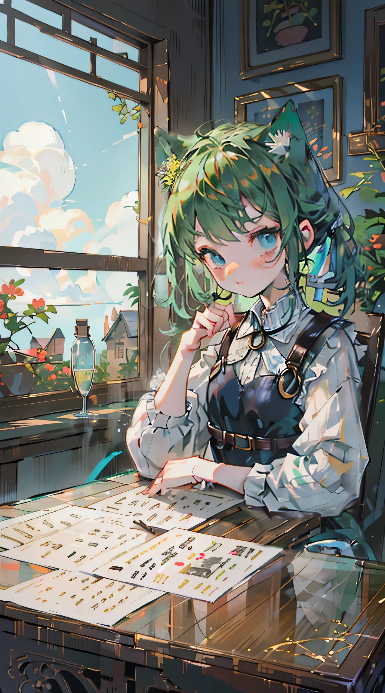 (Tabletop, highest quality: 1.1), Ghibli style, alone, , Weibo, Tinker&#39;s Wife (Tabletop), highest quality, Expressive eyes, Perfect Face, Small breasts, thin, ((Wearing a dress and playing the piano)),Transparent glass bottle body, Glass Girl, transparent, Wavy green hair, Pink and blue eyes, Green leaves of hair, Eyes like shining jewels, Long eyelashes, Transparency, ((Wearing a dress and playing the piano)), (Red Jewel Autumn Costume)), whole body, Standing Pose Reaching Out, thin feet, Perfect hands, Five Fingers, Yun News (Hmph), no_human, (((Cat ear))), Forest land