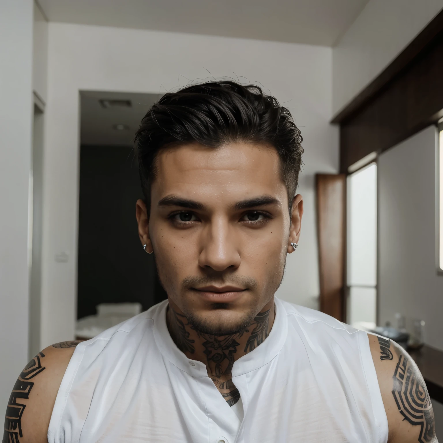 Homem,alto, tatuado, branco, cabelo preto liso, olhos pretos