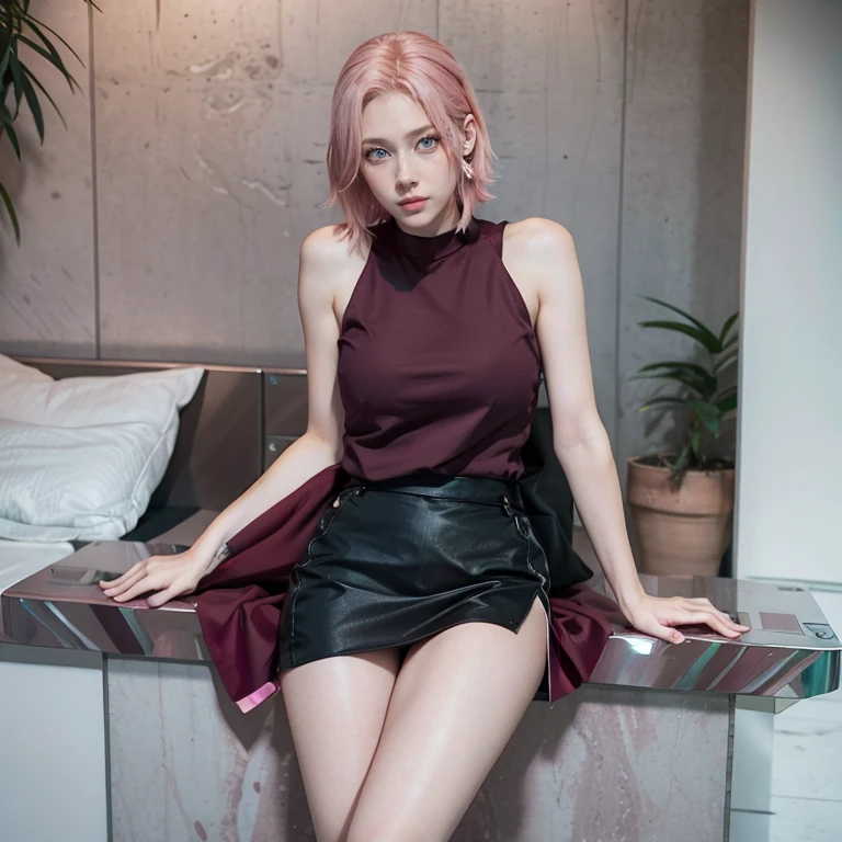 young woman, short shoulder-length pink hair, wide forehead, porcelain skin, pink eyebrows, big emerald green eyes, buttoned nose, full lips, heart-shaped face, slender body, small breasts, red tank top, Sakura Haruno , realistic, realism, details, 3d, well detailed

