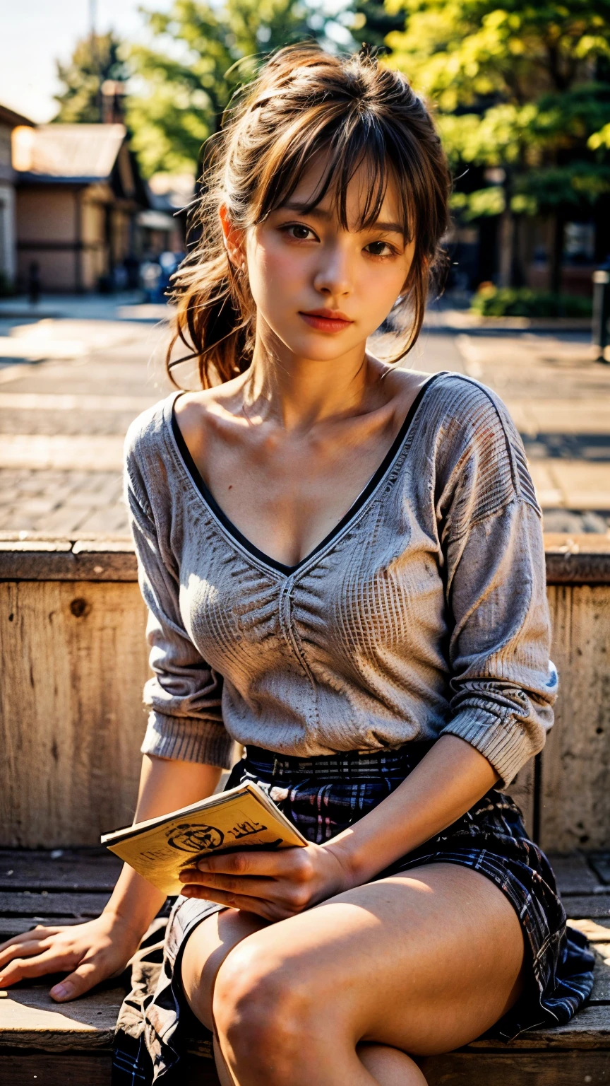 (masterpiece:1.2, highest quality), (Realistic, photoRealistic:1.4), Beautiful illustrations, (Natural Side Lighting, Cinema Lighting), Browsing Caution,
View your viewers, Face Focus, whole body, 1 girl, Japanese, Reading a bookWoman, Perfect Face, Cute and symmetrical face, Shiny skin,
(Mid-length hair:1.7, Side Ponytail:1.2, Light brown hair), Swept-apart bangs, blue eyes, Droopy eyes, Long Eyelashes, (Medium chest), thin,
Beautiful Hair, Beautiful Face, Beautiful fine details, Beautiful clavicle, Beautiful body, Beautiful breasts, Beautiful thighs, Beautiful feet, Beautiful fingers,
((Detailed cloth texture, one piece,mini skirt)),
(Beautiful views), winter, evening, (Outdoor), , (Heart-shaped pupils, In the heat, Excited), Sitting,Reading a book,