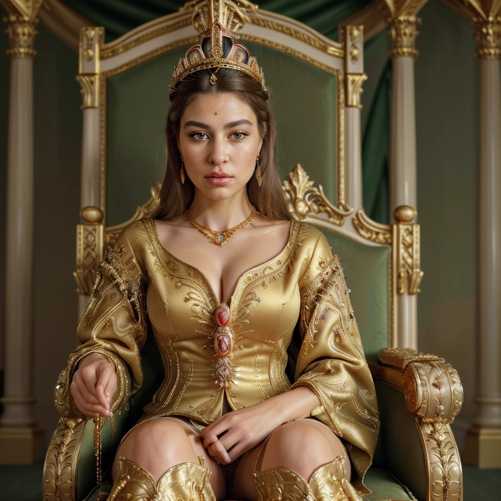(best quality,4k,8k,highres,masterpiece:1.2),ultra-detailed,(realistic,photorealistic,photo-realistic:1.37),beautiful woman,wearing queen's attire,sitting on a royal throne,wearing a crown,big beautiful eyes,full lips,detailed facial features,gorgeous face,long eyelashes,curvaceous body,royalty,confidence,grace,regality,expensive,ornate clothing,gold and jewel accents,grandeur,exquisite craftsmanship,majestic background,palace setting,elegant lighting,vibrant colors,beautifully painted,opulent,queen-like aura