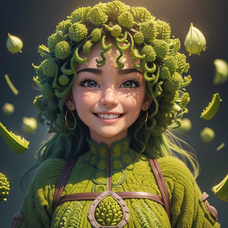 (best quality,4k,8k,highres,masterpiece:1.2),ultra-detailed,(realistic,photorealistic,photo-realistic:1.37),single character e of wild vegetables,flying,smiling,Romanesco,Anpanman,headbutt,warrior,large head,cute girl,anime style,colours and tones inspired by wild vegetables, vibrant lighting