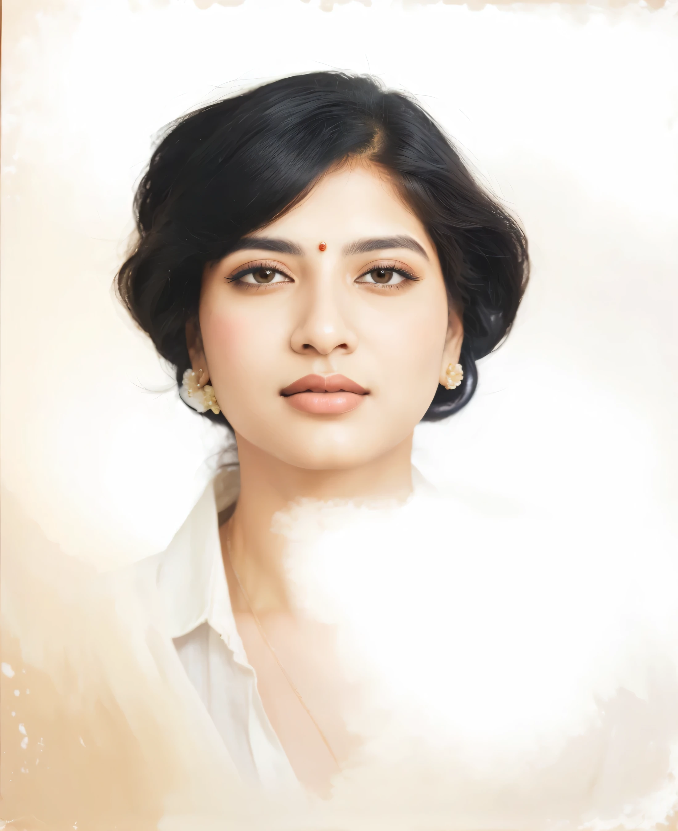 painting of a woman with a black hair and a white shirt, inspired by Abdur Rahman Chughtai, side centered painted portrait, color portrait, faridah malik, inspired by T. K. Padmini, inspired by Sudip Roy, detailed color portrait, portrait digital art, traditional portrait, portrait of a 40 years old women, painted portrait