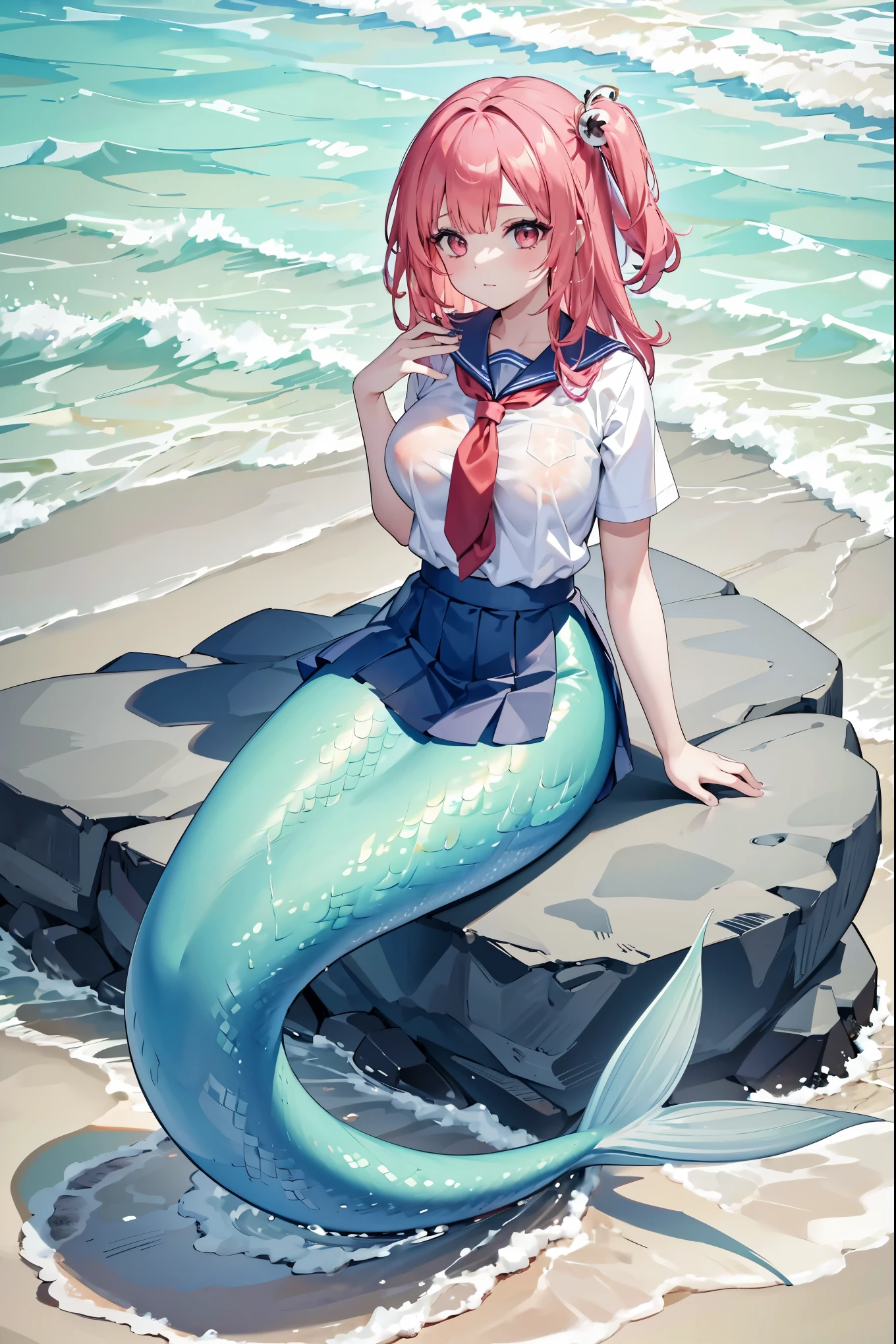 masterpiece, best quality,(Complete five fingers),A girl,Large Breasts,Hair accessories,Mermaid,honokamk,school uniform,粉红色的Mermaid尾巴,full-body shot,Sitting,beach,Sea view