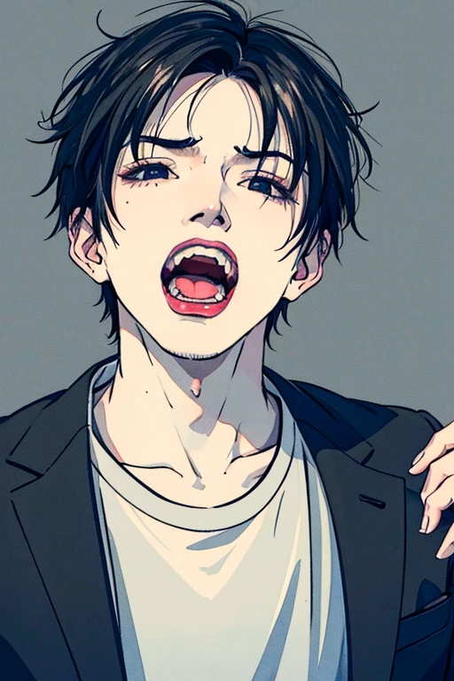 Pale Boy, con cachucha, emo, sacando la lengua con dientes puntiagudos, very handsome with asian features