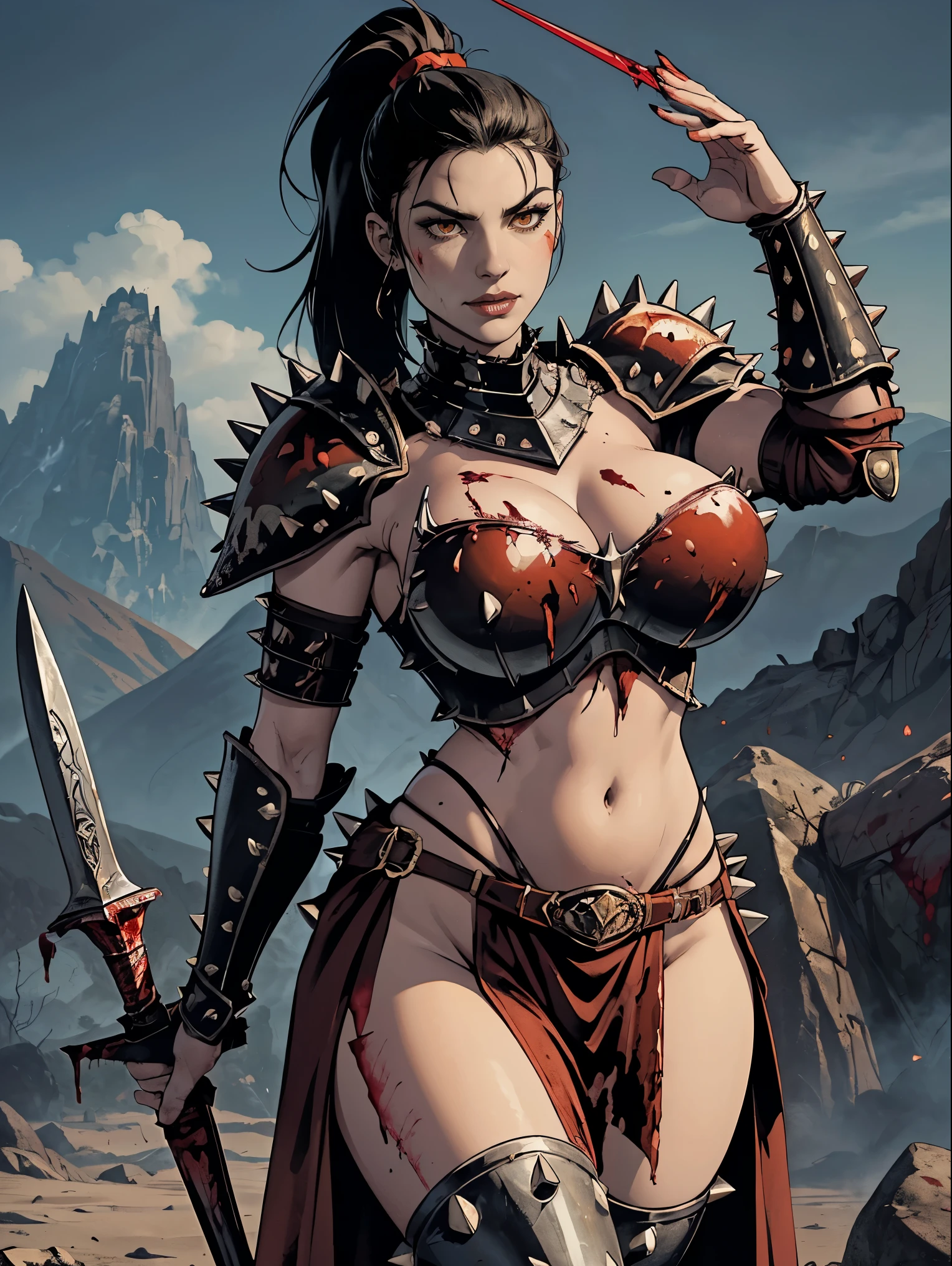 (masterpiece, top quality, best quality, official art, beautiful and aesthetic:1.2), (1girl:1.3), ((Sharp facial features, sharp features, hawkish features)), ((pale skin, orange eyes, big hair, long black hair, ponytail)), big tiddy chaos warrior girl, extremely detailed, portrait, looking at viewer, solo, (full body:0.6), detailed background, full-body shot, (hot desert mountain theme:1.1), chaos warrior, (spiky helmet), charlatan, smirk, mysterious, swaying in mountains, armor, red metal, brass trim, long boots, dual axes, blood red fabric, pelvic curtain, loincloth, black leather, ((((spiky armor, blood, blood splatter, armored, gigantic breasts, long legs, pelvic curtain)))), cute belly button, toned tummy, slim waist, slim hips, long legs, medieval (mountain exterior:1.1) background, dark mysterious lighting, shadows, magical atmosphere, dutch angle