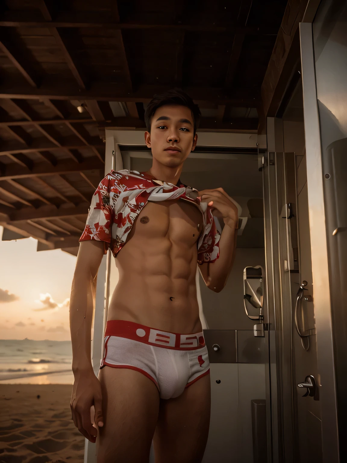 Handsome young man,Clear face,Thai people,ager,The backdrop is a beach view.