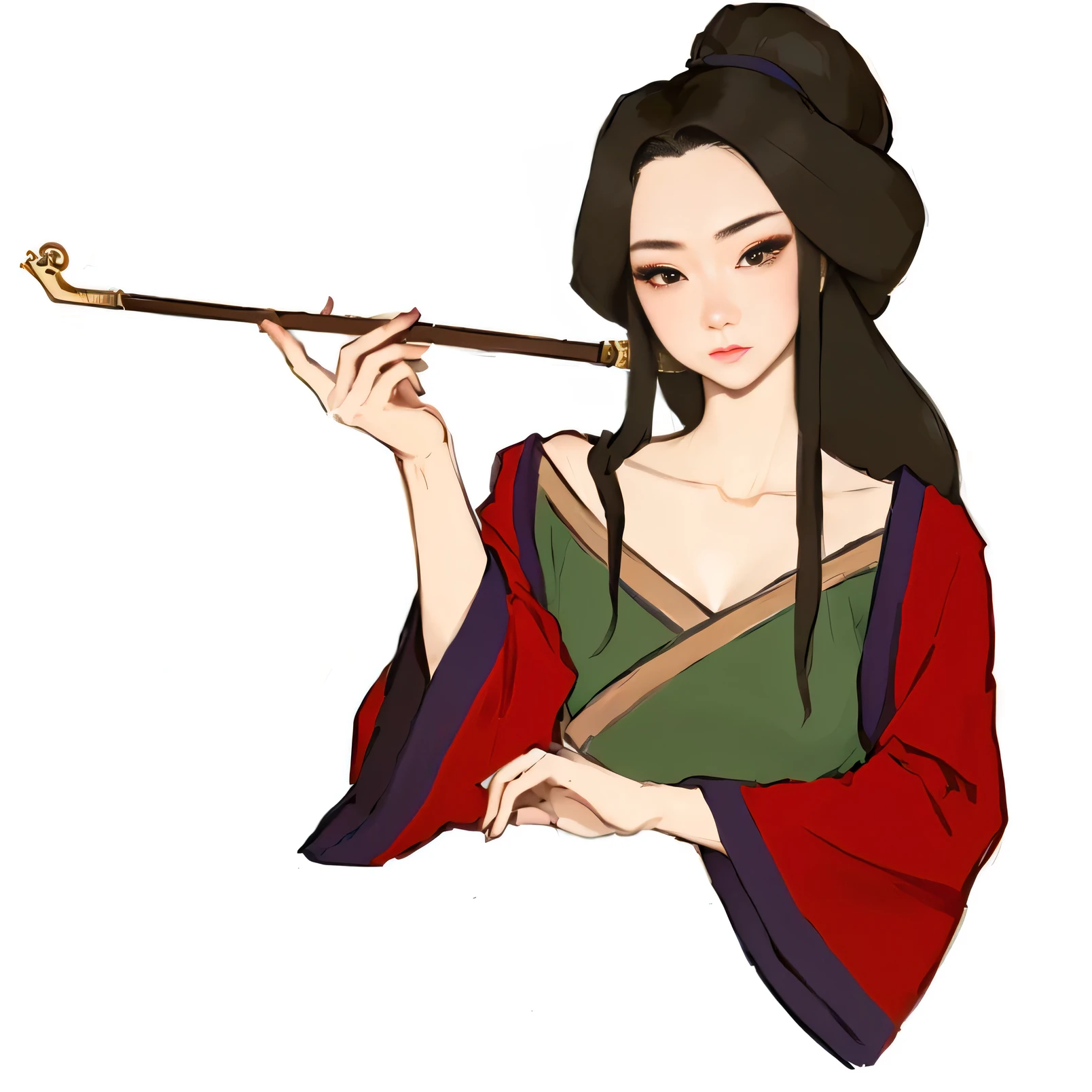 A woman in a kimono holding a sticker, She holds a long staff, She holds a samurai sword, Ancient Chinese Goddess, Inspired by Du Qiong, Inspired by Zhu Lian, Chinese Princess, Ninja scroll anime style, Fox Shin holding a naginata, Inspired by Zhou Wentianchong