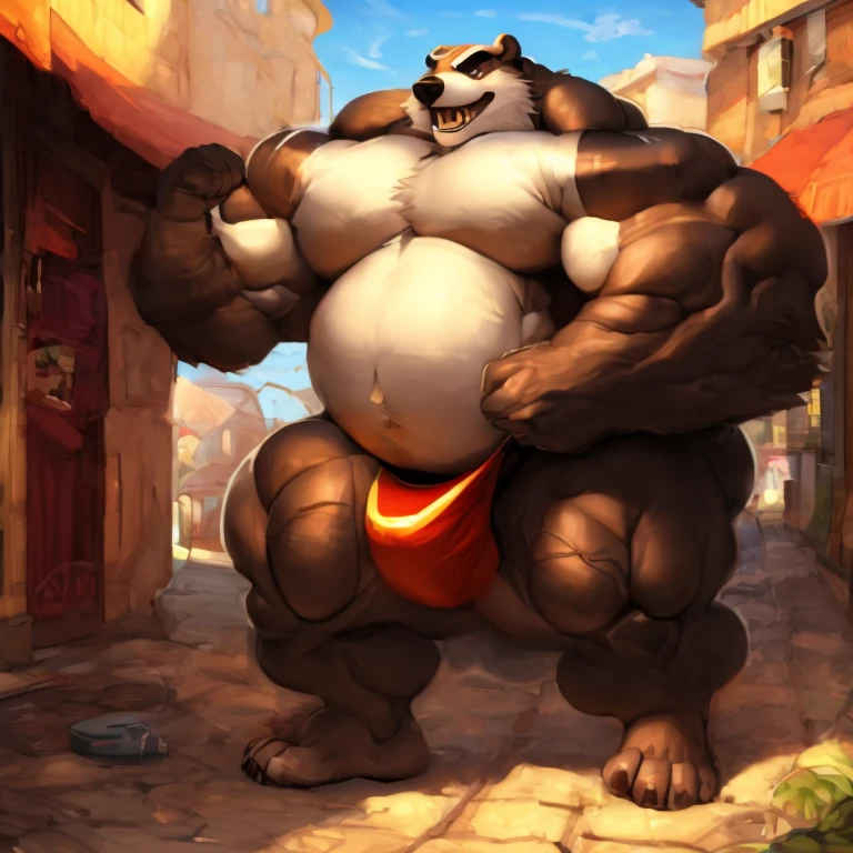 ((Masterpiece)),((Hight quality)),((Hught Detailed)),((Realistic,)) Anime Artistic masterpiece art, Concept anime art, Kemono art, Furry character, Kemono art, Full body pic, Shonen Anime style, full body image, Dungeons and Dragons style, Anthropomorphic Obese bear (strong legs and arms) He is a Heroe. he are big massive, very strong, muscular and obese, He is an thong seller offering his products on the streets of an old town.