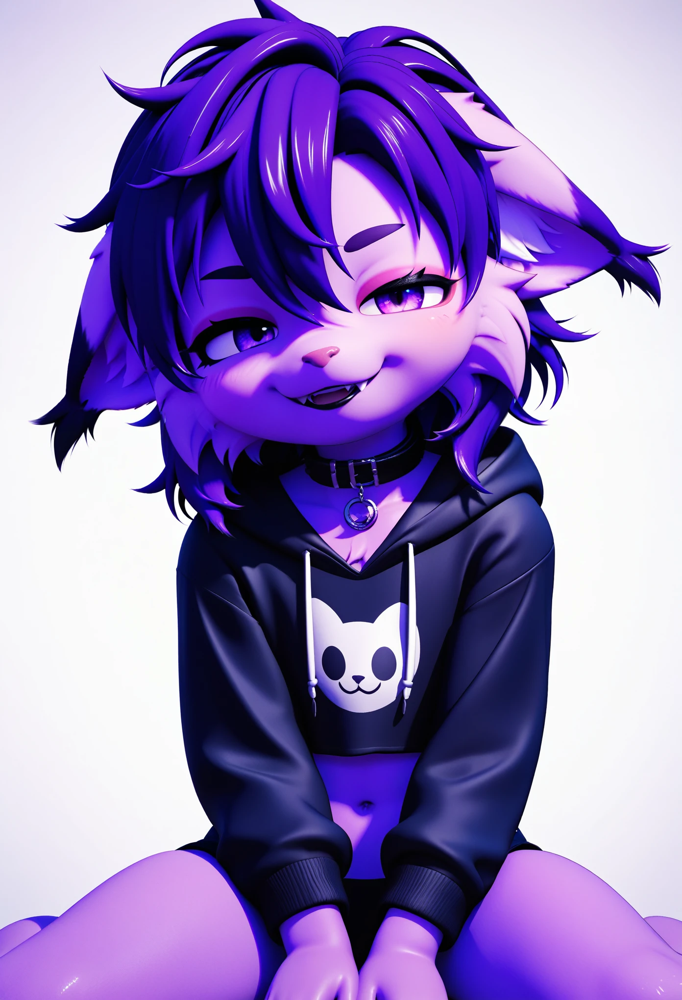 score_9,score_8_up,score_7_up, anthro lynx, furry art, medium hair, head tuft, shirtless, ((shota)), (purple fur), purple body, ((soft body)), fuzzy, one fang, medium hair, wavy hair, purple eyes, solo focus, kemono, cute, eyeliner, eyelashes, Eyeshadow, black lipstick, collar, kid, young, narrowed eyes, between legs, 3d, blender software, hoodie, smug face, fullbody, floppy ears, crop top, navel,