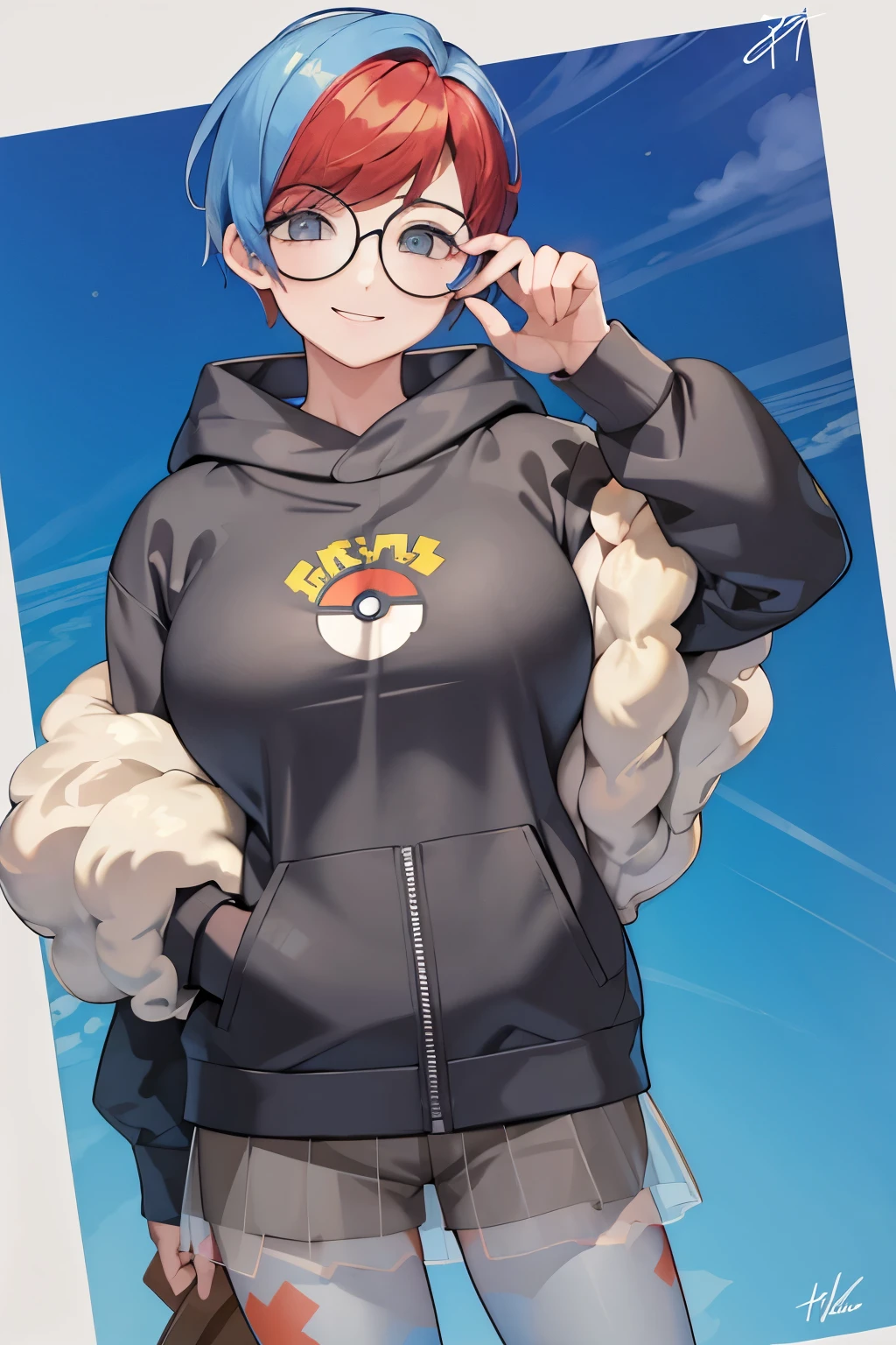 ((masterpiece,best quality)), absurdres,   Penny_Pokemon,  1girl, multicolored hair, two-tone hair, red hair, blue hair, grey eyes,  round eyewear, black hoodie, short shorts, grey pantyhose,  see-through skirt, backpack,   solo, smiling, looking at viewer,  cowboy shot, contrapposto,   huge breasts, unzipped hoodie, cleavage