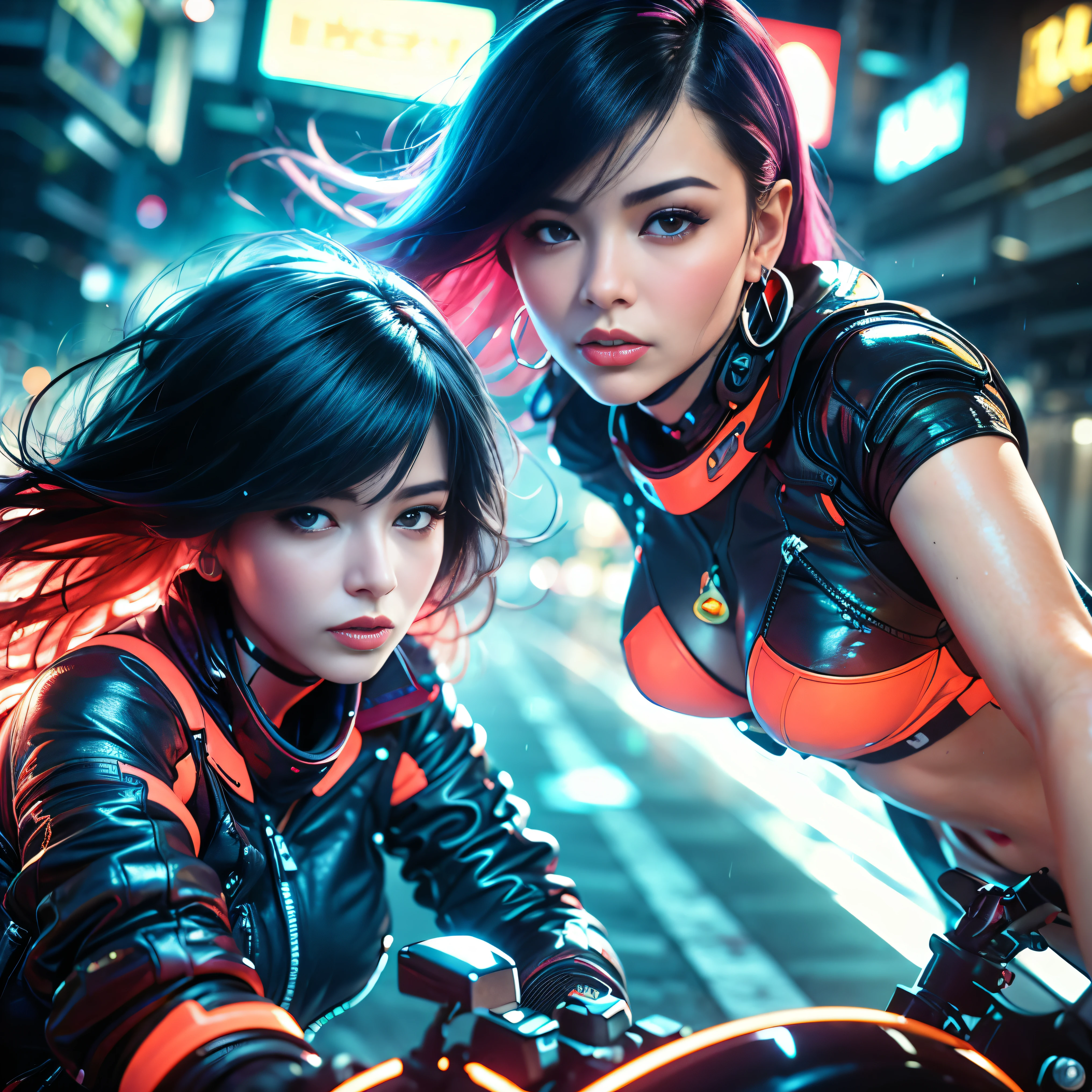 (highest quality、4k、8k、High Resolution、masterpiece: 1.2)、Super detailed、(Real、Photorealistic、Photorealistic: 1.37)、photograph、(Close-up of face from the front and side:1.7)、((A young and extremely beautiful woman))、The woman is wearing protective gear、(Ride a bike and gallop)、(Lean the bike around the corner)、(Flowing hair and flowing clothes、background、motion blur effect:1.37)、spark、incandescent lamp、Neon color、Future City、Vibrant streets、Light reflections on wet sidewalk、skyscraper、Sculptural architecture、Holographic Signage、Stylish and sophisticated design、Blurred motion of speeding vehicles、energy and excitement in the air、(Windy atmosphere)、Moonlit cityscape、xuer future motorcycle