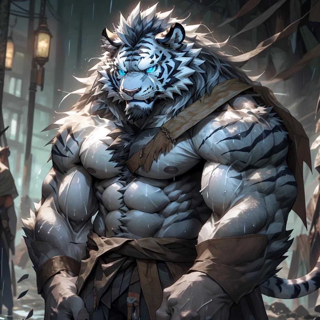 sweaty muscular topless rainy village hairy anthropomorphic chest hair serious face（Scar on face） Mature （Blue eyes）Huge muscular ripped abs wild，White Tiger of Tribal Ambition