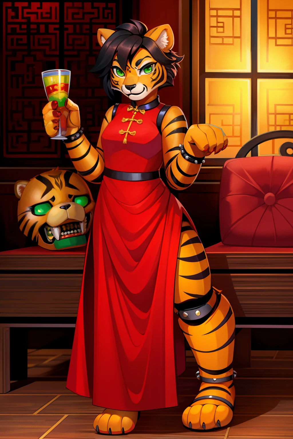 1 girl, solo, animatronic, tigress anthro, black hair, green eyes, red Chinese dress, fnaf, paws