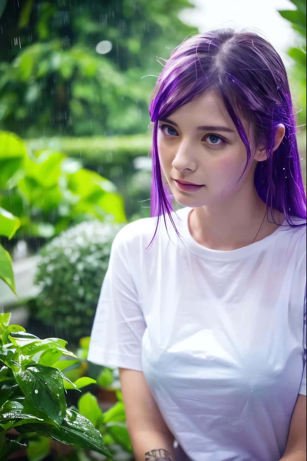 Accurate as a photo、heavy rain、heavy rain、Soaking wet、Soaking wet、french beauty、Safety、Tattoo、Purple Hair、Green Eyes、White T-shirt、thunderstorm、Lightning strikes、garden