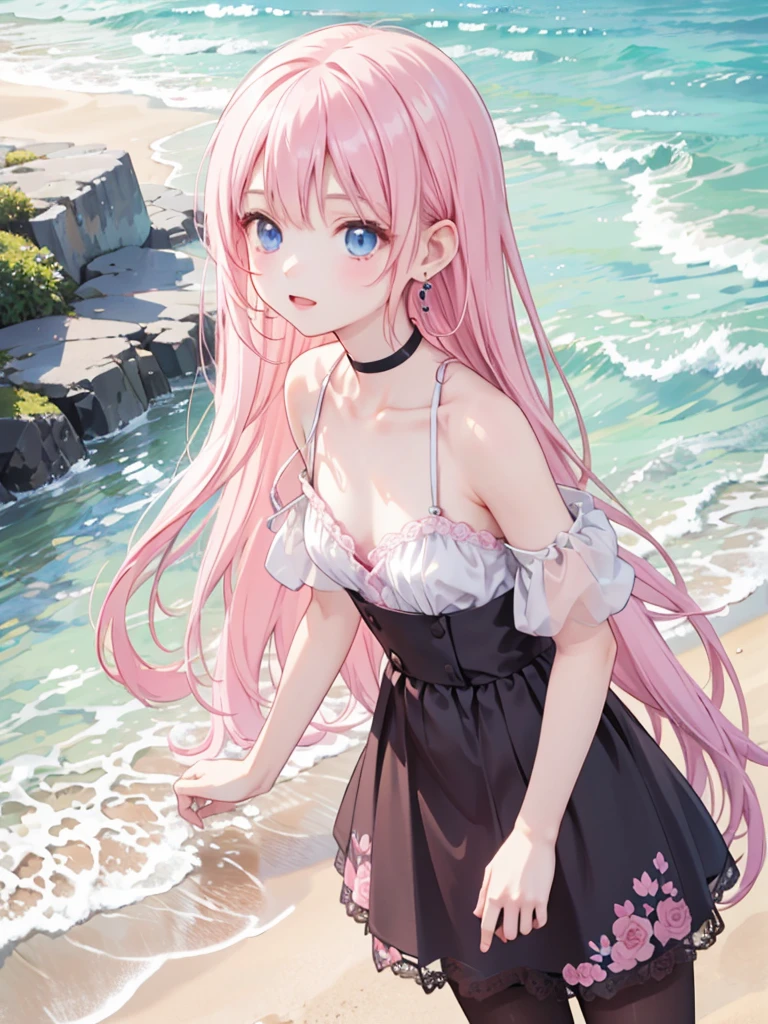 masterpiece, best quality, 1 girl, solo,4 years old, small breasts, Perfect Face, beautiful, nice, anime, girl, tradition, ph Bronya, pink lace vikini, Earrings, medium length hair, pantyhose, beach,