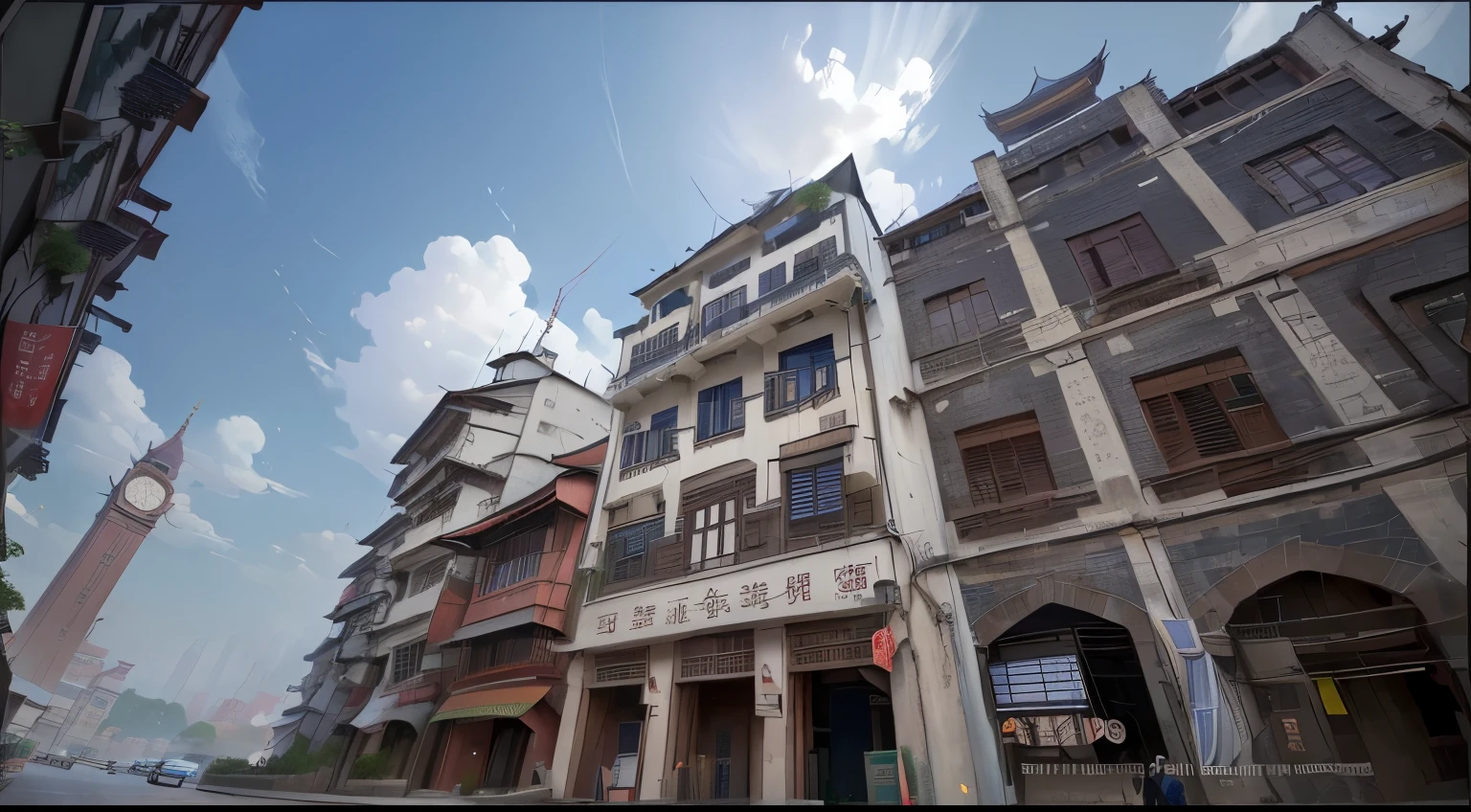 Arafad view with buildings and clock tower on the street, Guangjian, Neat and dense buildings, qiangshu, nanquan, Inspired by Zhang Sengyou, jinyiwei, yintion j - jiang geping, mingchen shen, Chiba Yudai, you, xiaoguang sun