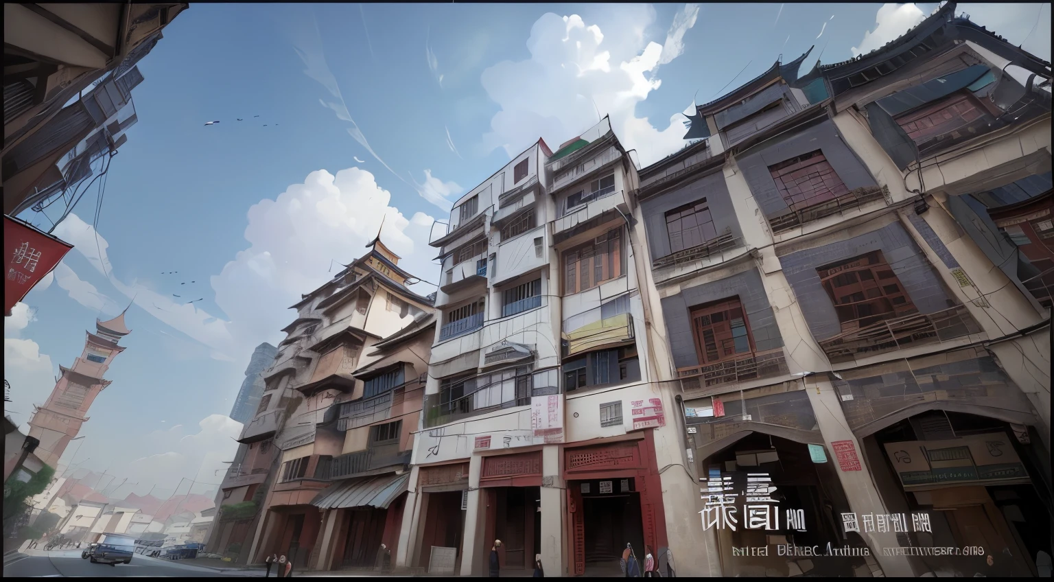 Arafad view with buildings and clock tower on the street, Guangjian, Neat and dense buildings, qiangshu, nanquan, Inspired by Zhang Sengyou, jinyiwei, yintion j - jiang geping, mingchen shen, Chiba Yudai, you, xiaoguang sun
