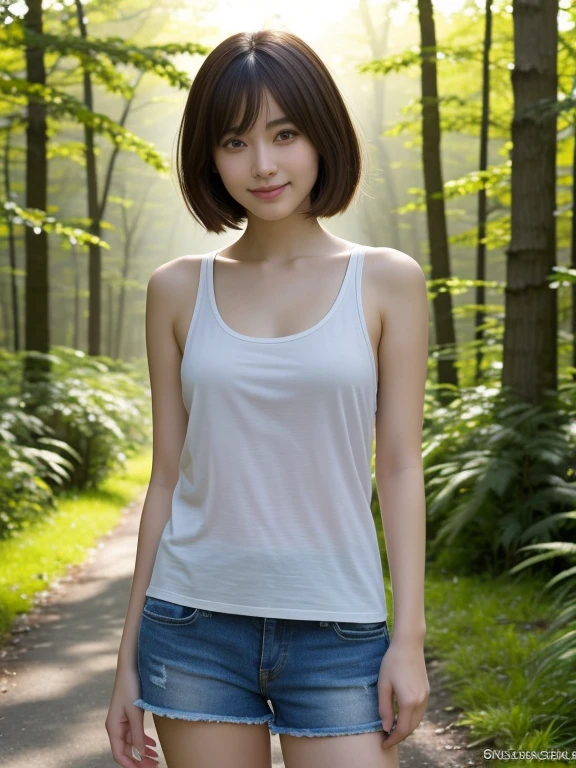 masterpiece, highest quality, High resolution, wallpaper, Realistic, Bright lighting, Professional Lighting, Face Light, Smooth lighting, Japanese Girls, ((Whole body 1.4)), cute, smile, beautiful girl, gravure, sexy, so beautiful, Beautiful Skin, Beautiful and detailed、Detailed face、slim、Moderate, short hair, Brunette colored hair, Brown eyes, View your viewers,Tank top, Shorts,Morning sun shining through a misty forest path.Small,