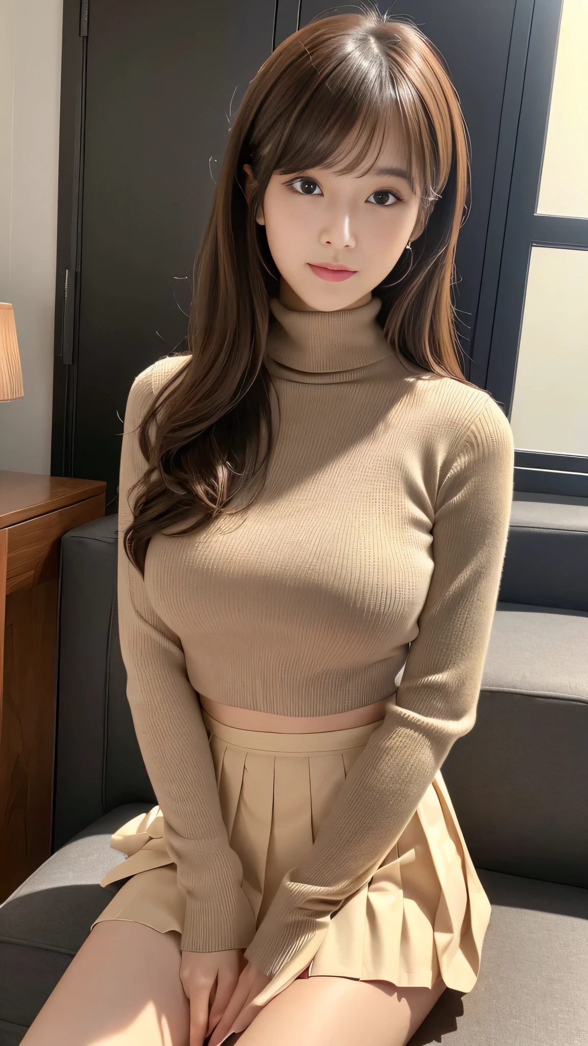 (Detailed skin:1.2),(Shiny skin:1.1),8k,highest quality, masterpiece, Ultra-high resolution,(Realistic:1.4), RAW Photos,(Soft Saturation:1.3),(Fair skin:1.2),1 Japanese Idol,fix,20 years, Brown Hair, Medium Hair, Asymmetrical Hair, Wavy Hair, Asymmetrical bangs
(Pretty face:1.4), (Big Breasts, Tight waist), Beautiful lighting, Small Head,
(High Waist Mini Pleated Skirt:1.2, Short turtleneck knit:1.2, Korean Fashion:1.2), (Belly button:1.2, Slim Abs), Highly detailed face, Highly detailed lips, Fine grain, double eyelid, smile, Full Body Shot, Browsing Caution, Sharp focus: 1.2, Beautiful woman with perfect figure: 1.2、Random pause,Sitting flat