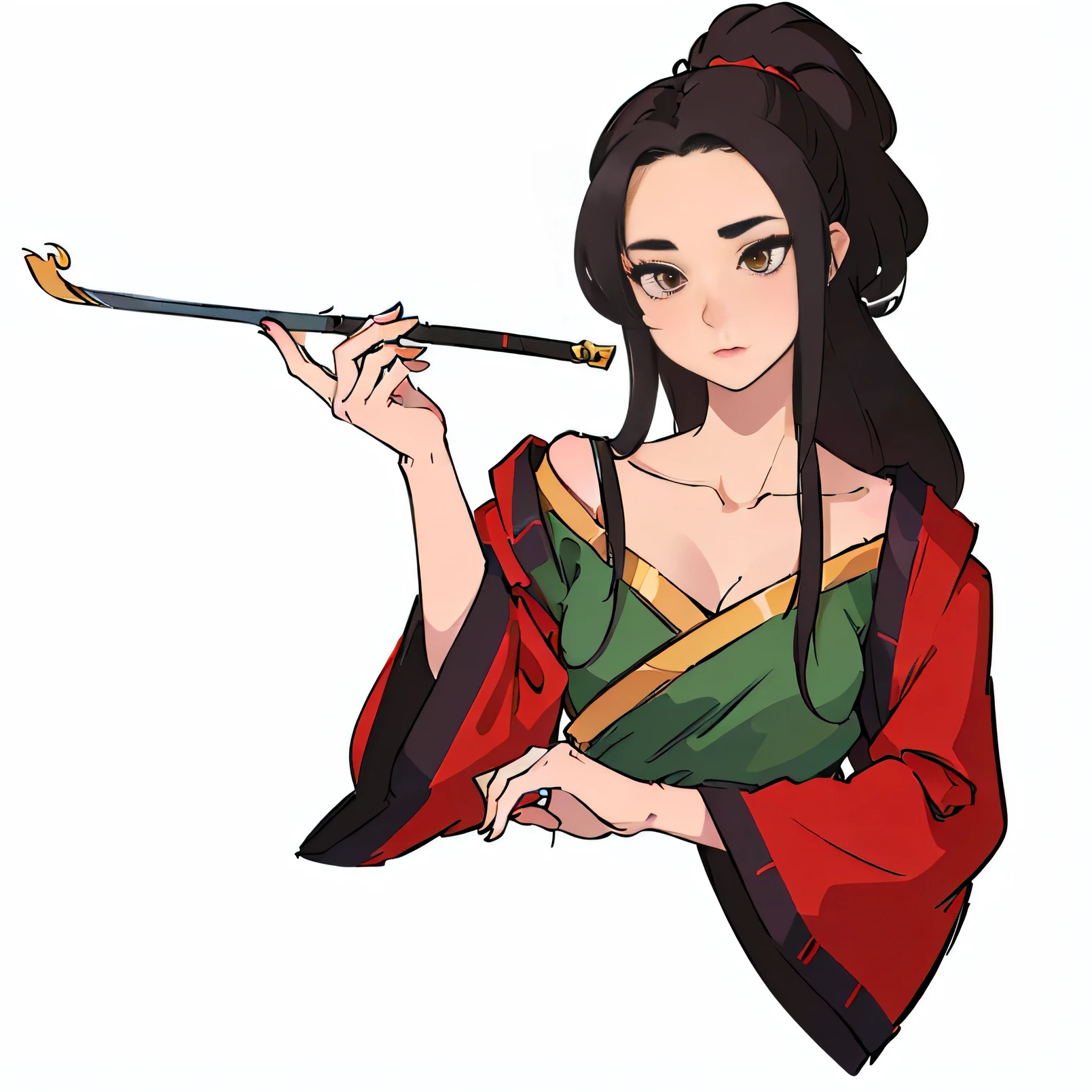 A woman in a kimono holding a sticker, She holds a long staff, She holds a samurai sword, Ancient Chinese Goddess, Inspired by Du Qiong, Inspired by Zhu Lian, Chinese Princess, Ninja scroll anime style, Fox Shin holding a naginata, Inspired by Zhou Wentianchong