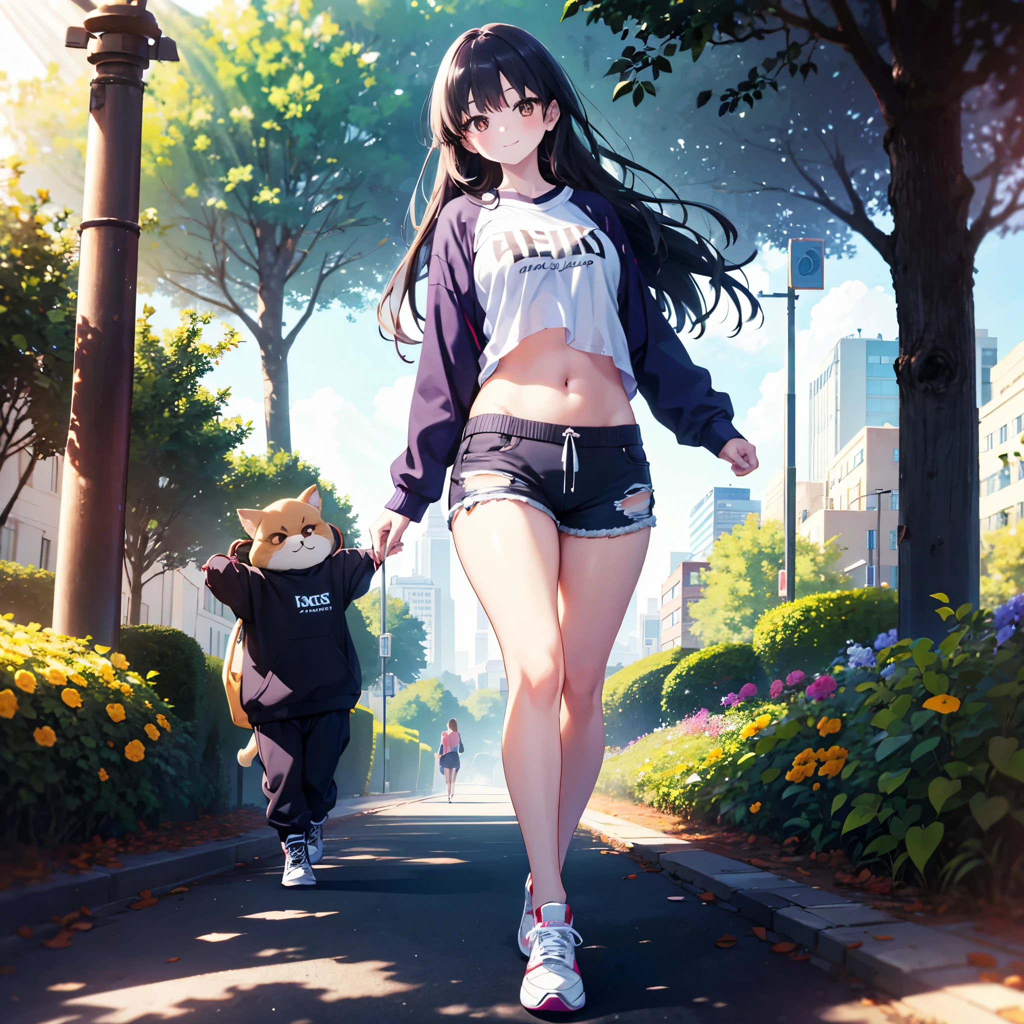 realistic image, detailed image, coherent image, 1 beautiful girl, she has very long hair, black hair, brown eyes, smiling expression. She is wearing a small t-shirt, with a long-sleeved sweatshirt, showing her navel, ripped shorts, sneakers, She has a curvy body, medium breasts and thick thighs, She is walking on a path surrounded by trees and flowers, inside a park, arching her back, hands hidden behind her back, sprouting her breasts, sunny day, Soft focus, full body view, Dramatic shadows, Volumetric lighting, natural lighting,