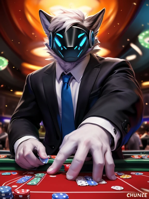 , (((A light blue anthropomorphic fur protogen furry posted on e621, (by Chunie), male, furry, solo, blue eyes, casino, Black suit, Red tie, win the game, Poker Texas hold'em, Five-card draw, Omaha hold'em), the place is busy with people around the casino, body, full body like, Abstract beauty, ultra detailed face, depth of field, motion blur, high details, high quality, award winning, HD, 16k, (best quality,4k,8k,highres,masterpiece:1.2),ultra-detailed,realistic:1.37,HDR,UHD,studio lighting,extreme detail description,professional,vivid colors,bokeh,lively atmosphere, natural lighting))), wearing clothing , day, , sensual, detailed, uploaded to e621, beautiful and detailed portrait of an anthropomorphic , (((male))) uploaded to e621, zaush, foxovh, movie lighting, thicc, alone, movie cover, sfw,