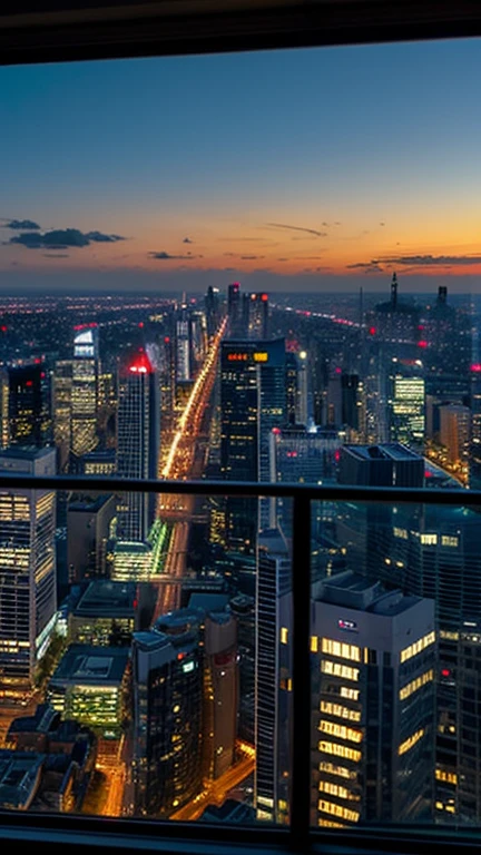 Finish work and head home。 picture: Cityscape at dusk、View from the train window、Night view of buildings。 atmosphere: A sense of satisfaction and relief at the end of the day、静かで落ち着いたatmosphere。