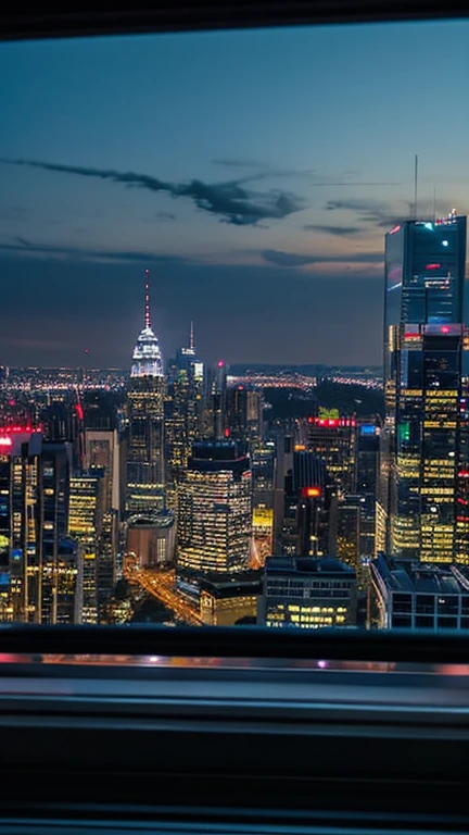 Finish work and head home。 picture: Cityscape at dusk、View from the train window、Night view of buildings。 atmosphere: A sense of satisfaction and relief at the end of the day、静かで落ち着いたatmosphere。