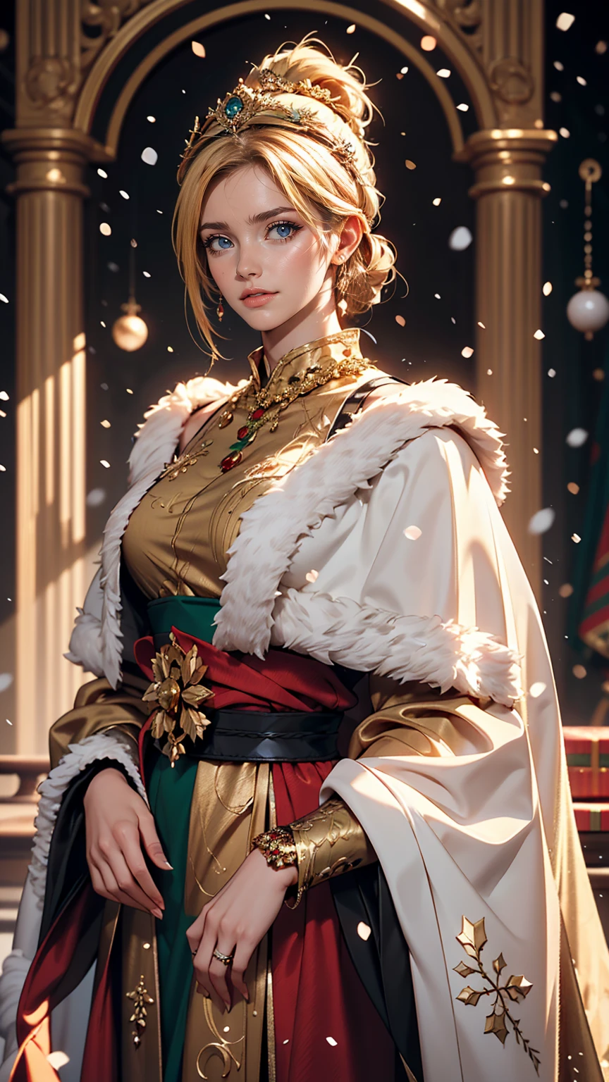 Portrait of a beautiful empress, Blonde Hair, Perfect Blue Eyes, wonderful, An incredibly impressive large Christmas headpiece, Clothing Santa Robe, All about Christmas, snow, Symmetric, Dramatic studio lighting, Rococo, Baroque, green, Asian, Hyperrealism, close, d&d, Fantasy, Complex, elegant, Very detailed, Digital Painting, Art Station, Octane Rendering, 8k, Concept Art, mat, Sharp focus