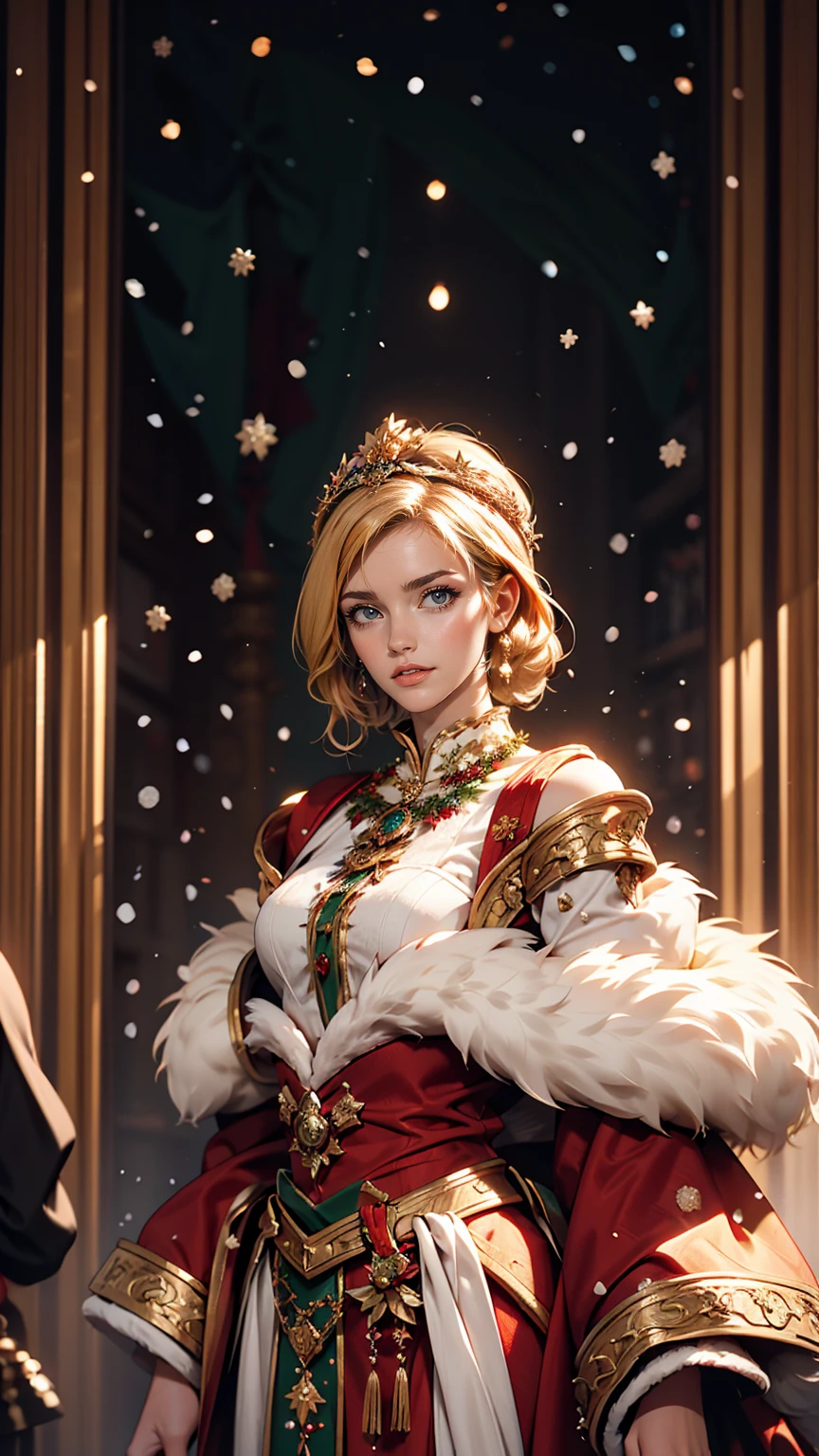 Portrait of a beautiful empress, Blonde Hair, Perfect Blue Eyes, wonderful, An incredibly impressive large Christmas headpiece, Clothing Santa Robe, All about Christmas, snow, Symmetric, Dramatic studio lighting, Rococo, Baroque, green, Asian, Hyperrealism, close, d&d, Fantasy, Complex, elegant, Very detailed, Digital Painting, Art Station, Octane Rendering, 8k, Concept Art, mat, Sharp focus