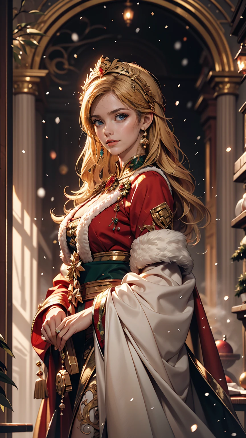 Portrait of a beautiful empress, Blonde Hair, Perfect Blue Eyes, wonderful, An incredibly impressive large Christmas headpiece, Clothing Santa Robe, All about Christmas, snow, Symmetric, Dramatic studio lighting, Rococo, Baroque, green, Asian, Hyperrealism, close, d&d, Fantasy, Complex, elegant, Very detailed, Digital Painting, Art Station, Octane Rendering, 8k, Concept Art, mat, Sharp focus